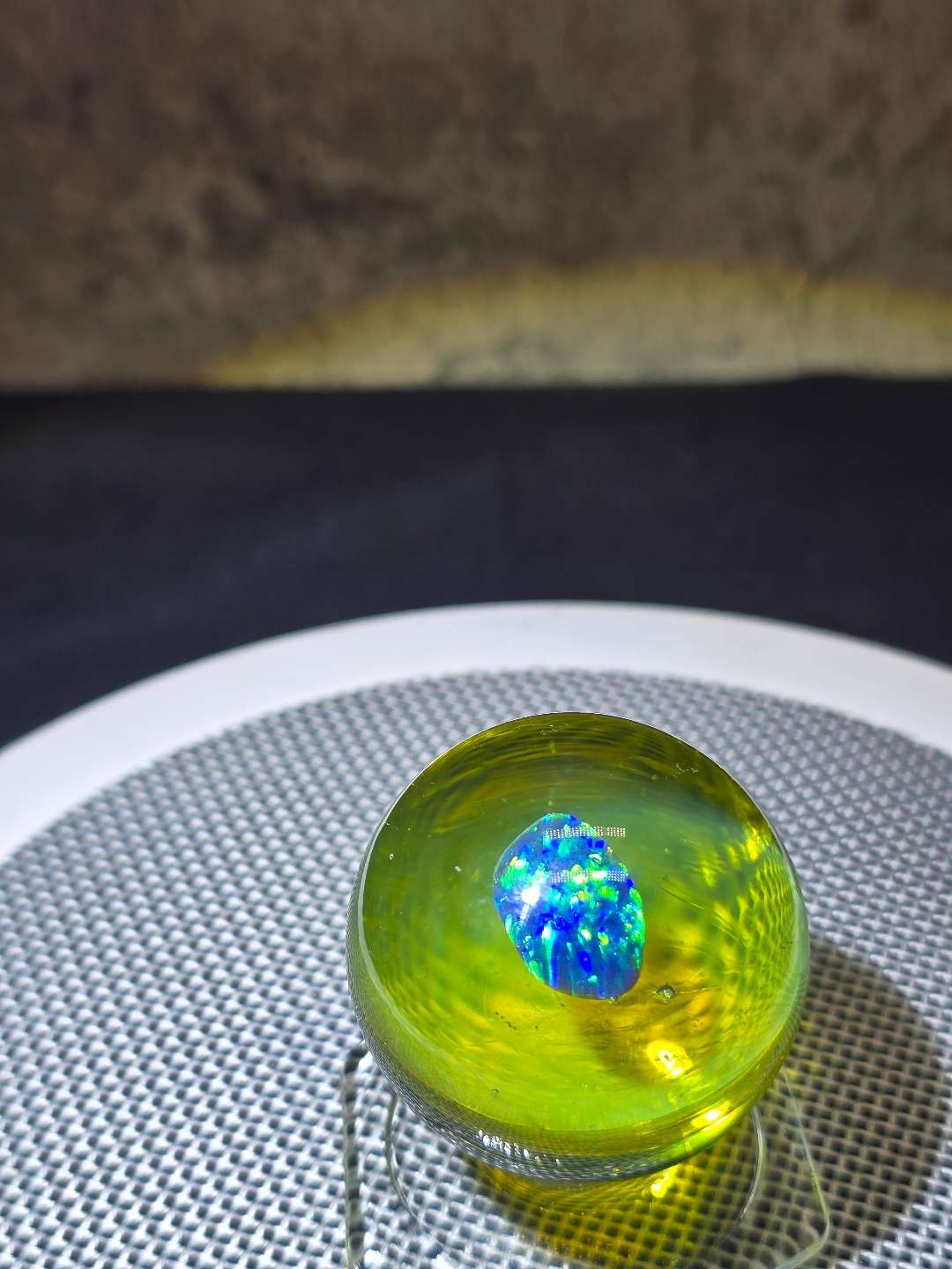 Preview pic of Huge blue opal with yellow backing power stone 42mm