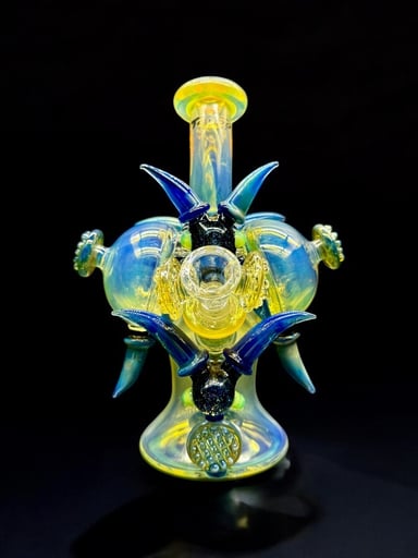 Preview pic of Heady Horn Recycler Bong – 9” Iridescent Yellow & Blue Glass with 14mm Bowl Holder