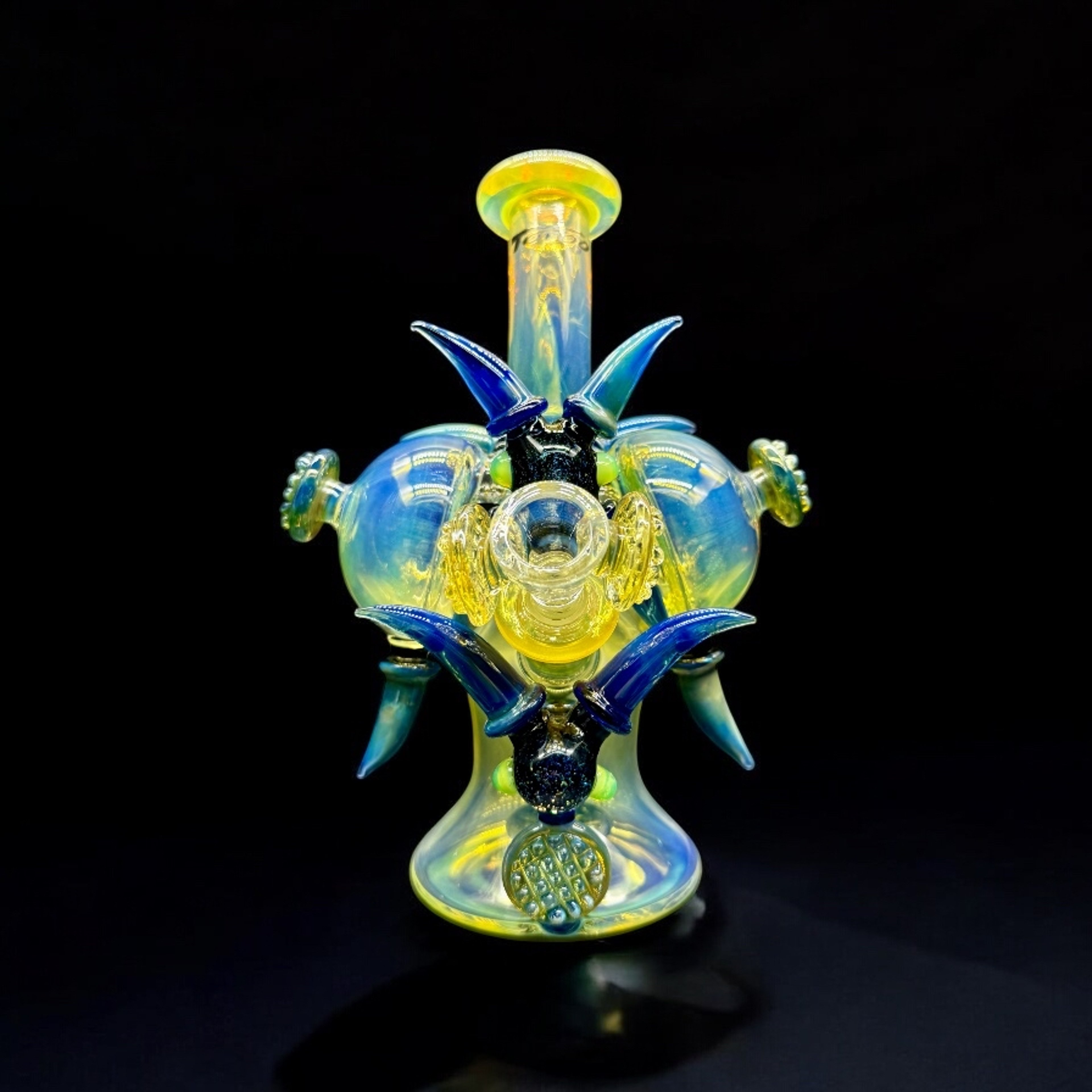 Preview pic of Heady Horn Recycler Bong – 9” Iridescent Yellow & Blue Glass with 14mm Bowl Holder