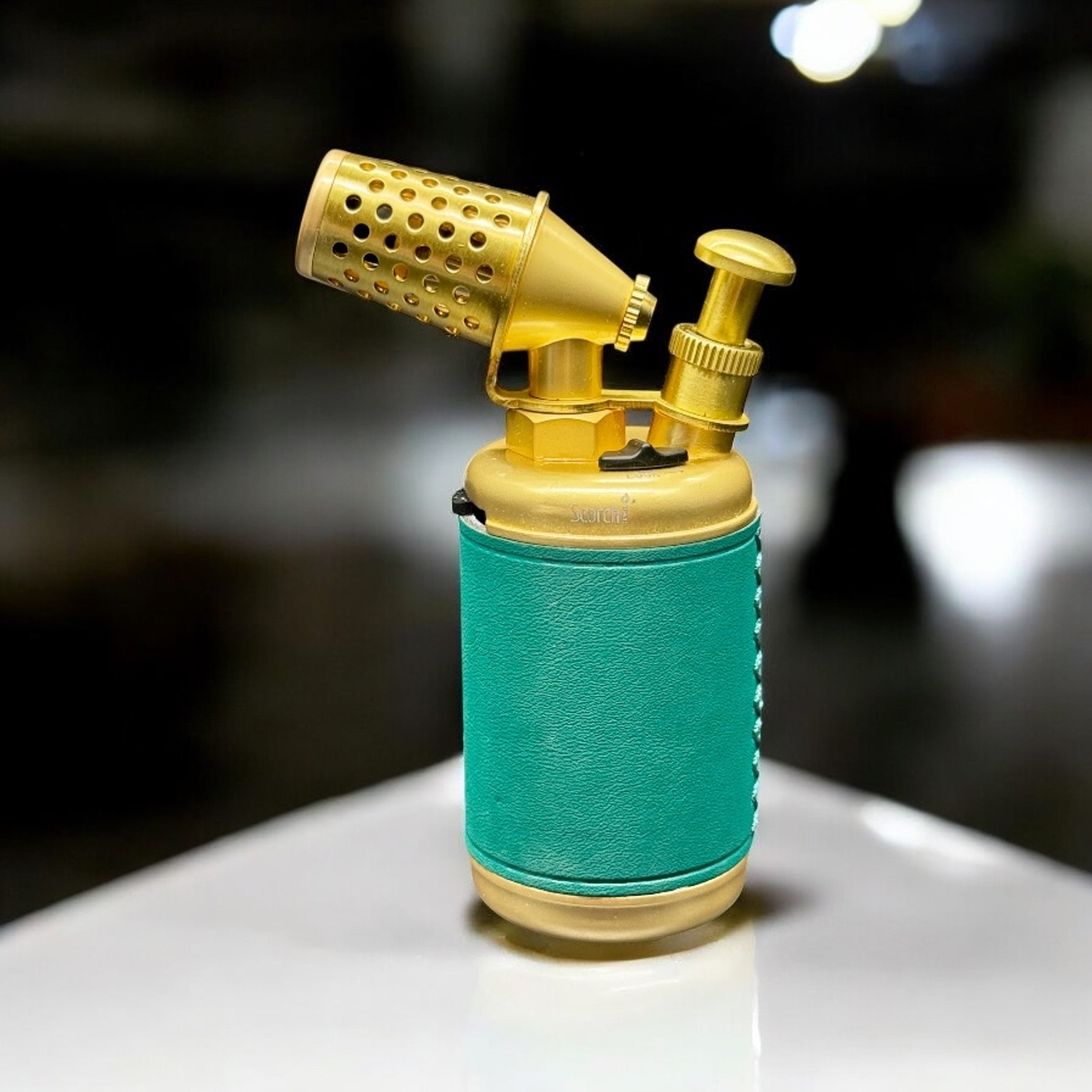 Preview pic of Scorch Torch 3.5” Single Flame Butane Lighter – Aqua Green & Gold | Prefilled & Refillable