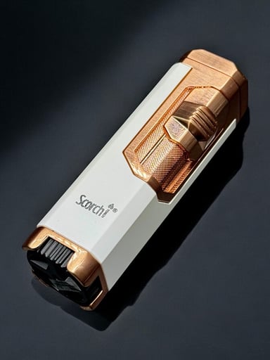 Preview pic of Scorch Torch 61660-1 – Quad Flame Butane Torch Lighter (White & Bronze) – 3.5”