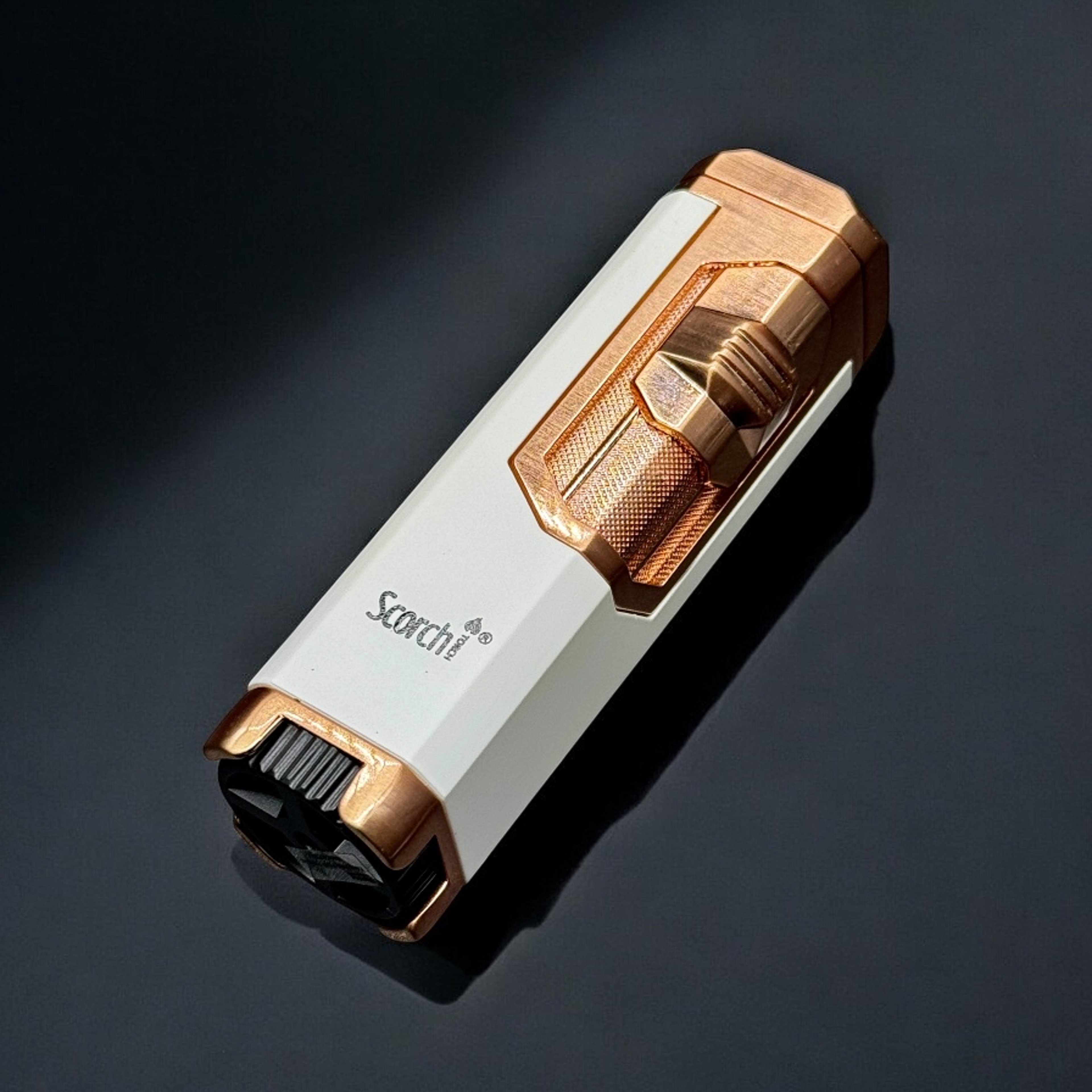 Preview pic of Scorch Torch 61660-1 – Quad Flame Butane Torch Lighter (White & Bronze) – 3.5”