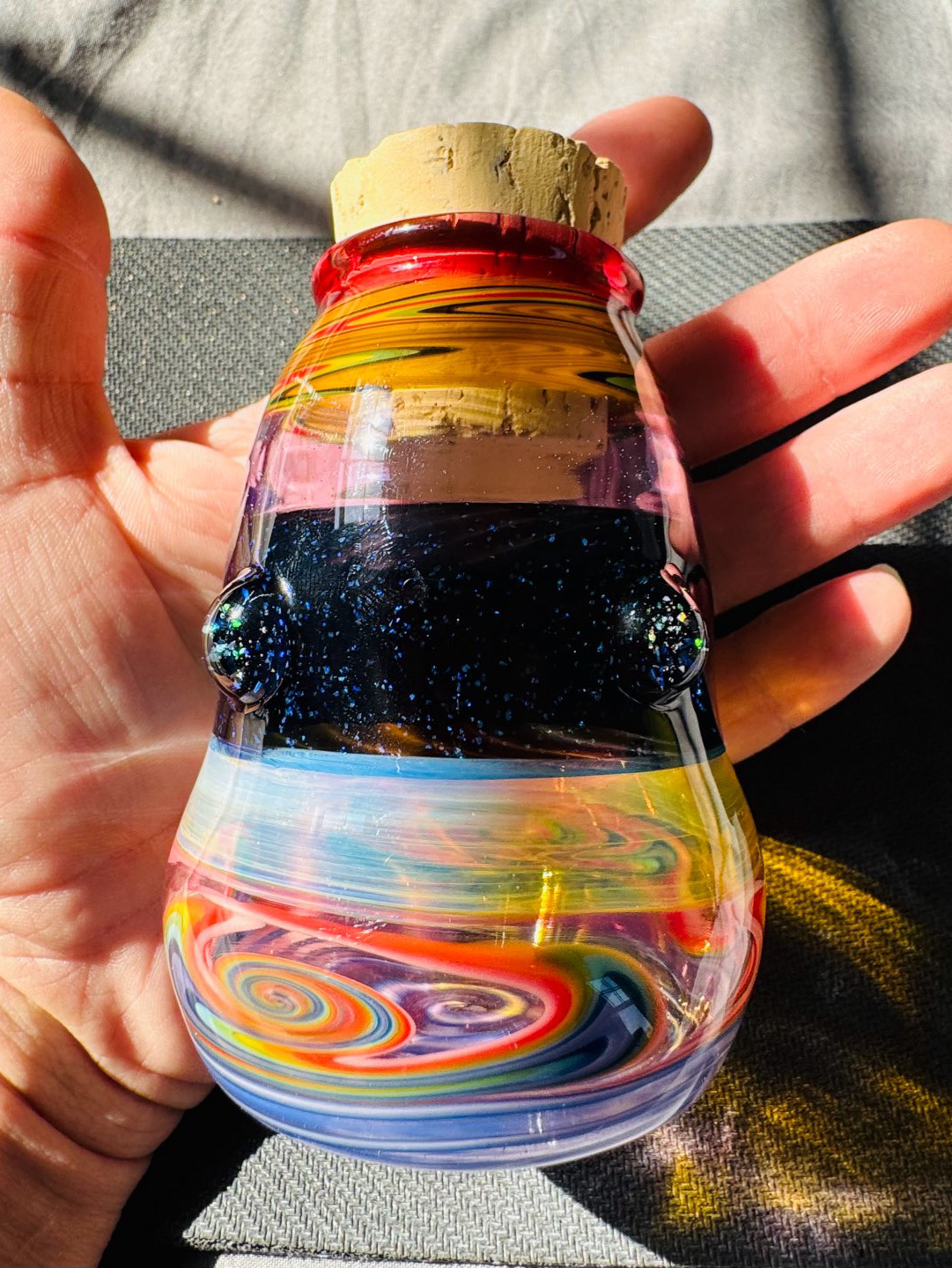 Preview pic of XL 8 section 🤯 UV/CFL /crushed opal heady Glass stash Jar with cork top signed / dated