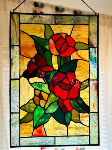 Preview pic of Stained glass panel- red floral design