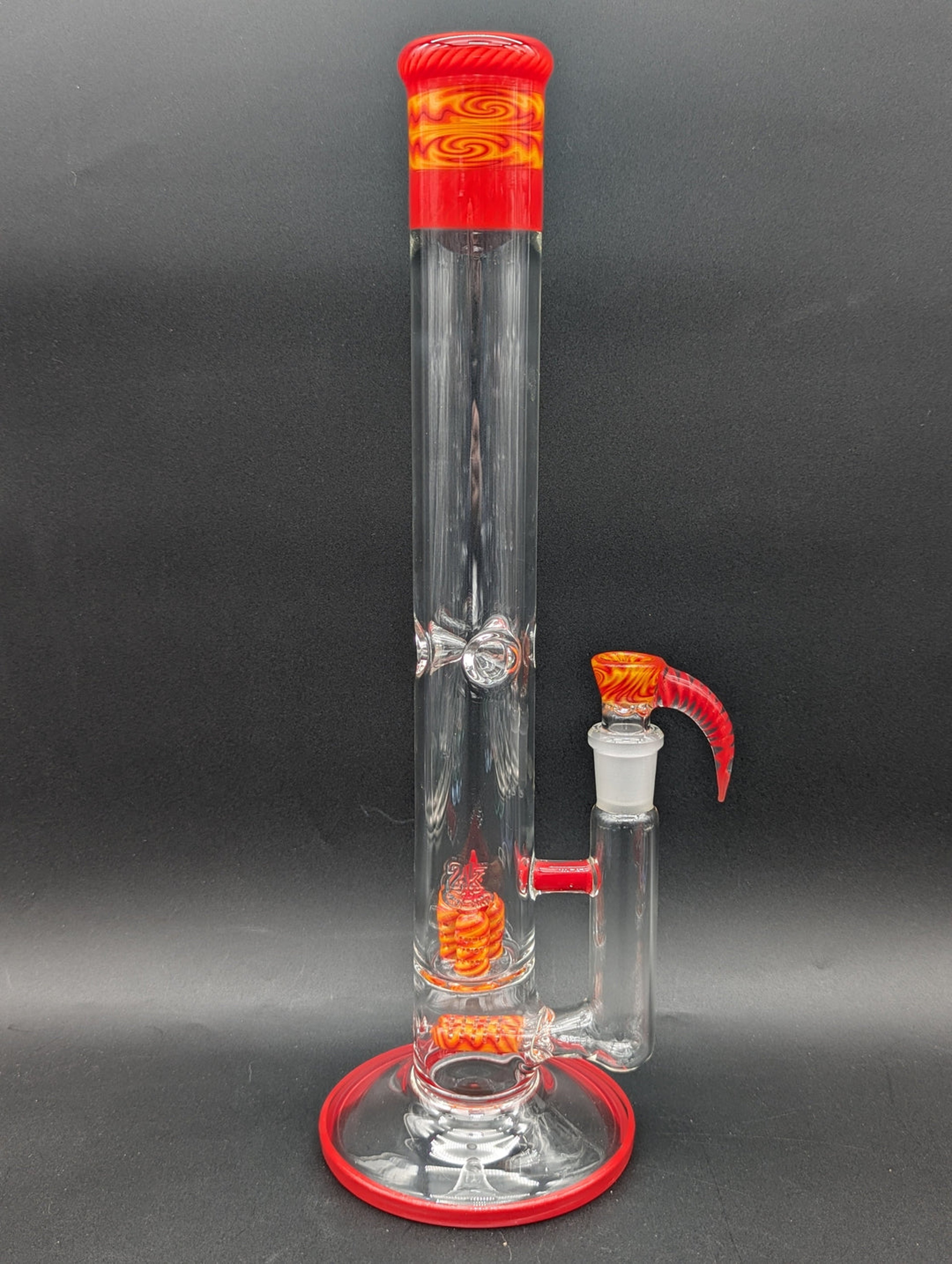 Preview pic of 2K GLASS DUAL GRIDLINE TO INV3 TUBE 15.5" - WORKED RED/YELLOW w/ 4 HOLE HORN SLIDE