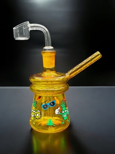 Preview pic of 4” Yellow Mini Dab Rig with Pineapple Characters & 14mm Quartz Banger