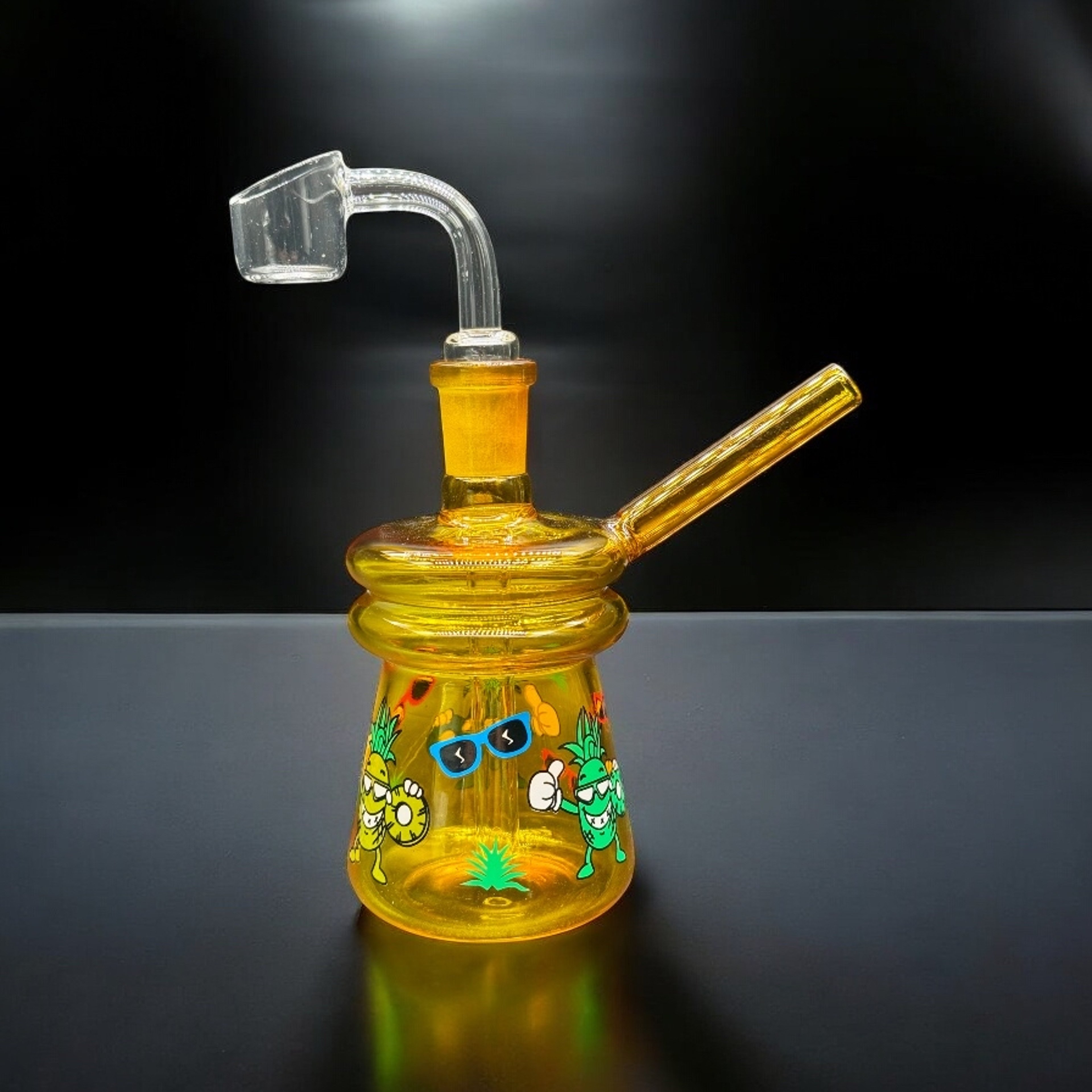 Preview pic of 4” Yellow Mini Dab Rig with Pineapple Characters & 14mm Quartz Banger