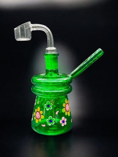 Preview pic of 4” Green Mini Dab Rig with Smiley Flower Design & 14mm Quartz Banger