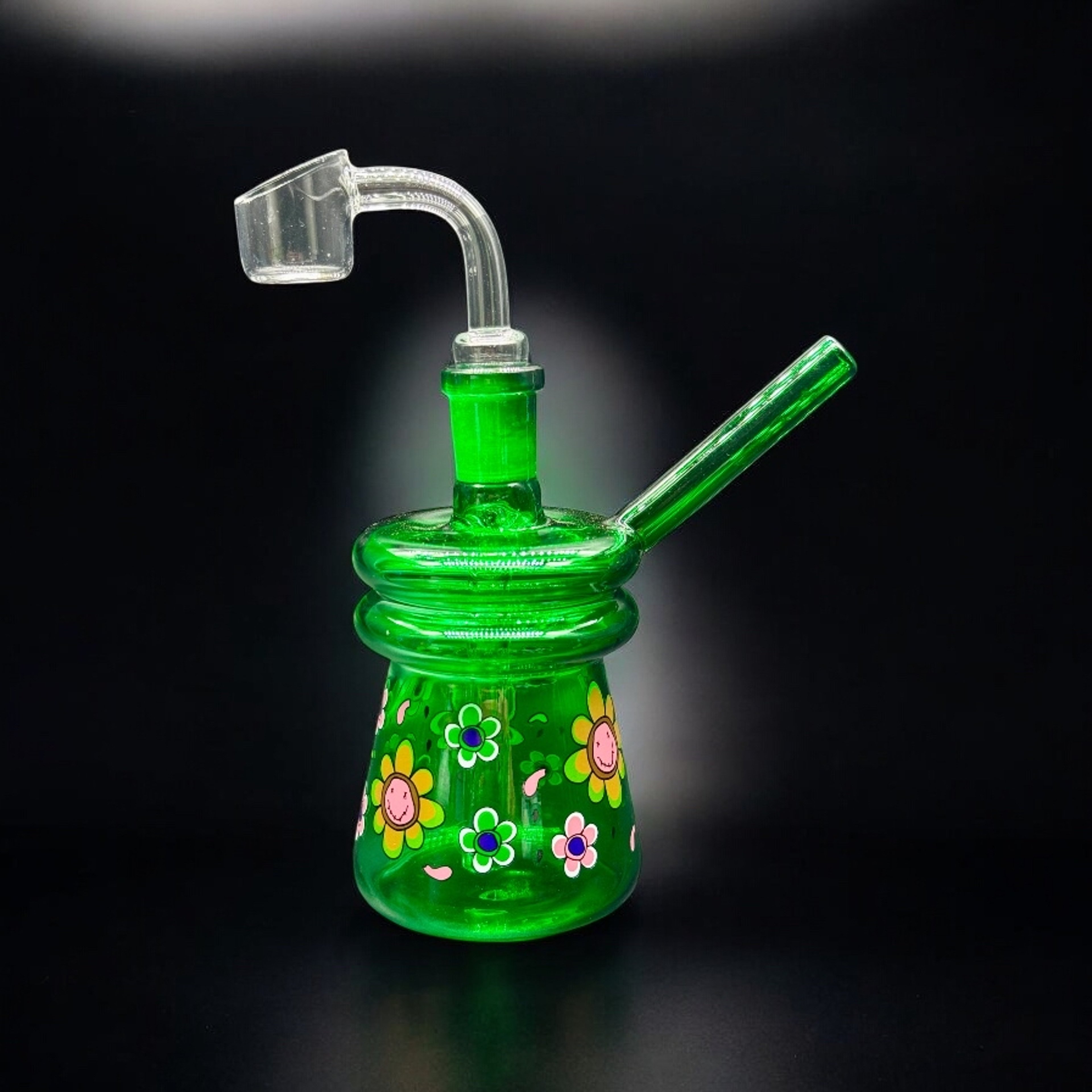 Preview pic of 4” Green Mini Dab Rig with Smiley Flower Design & 14mm Quartz Banger