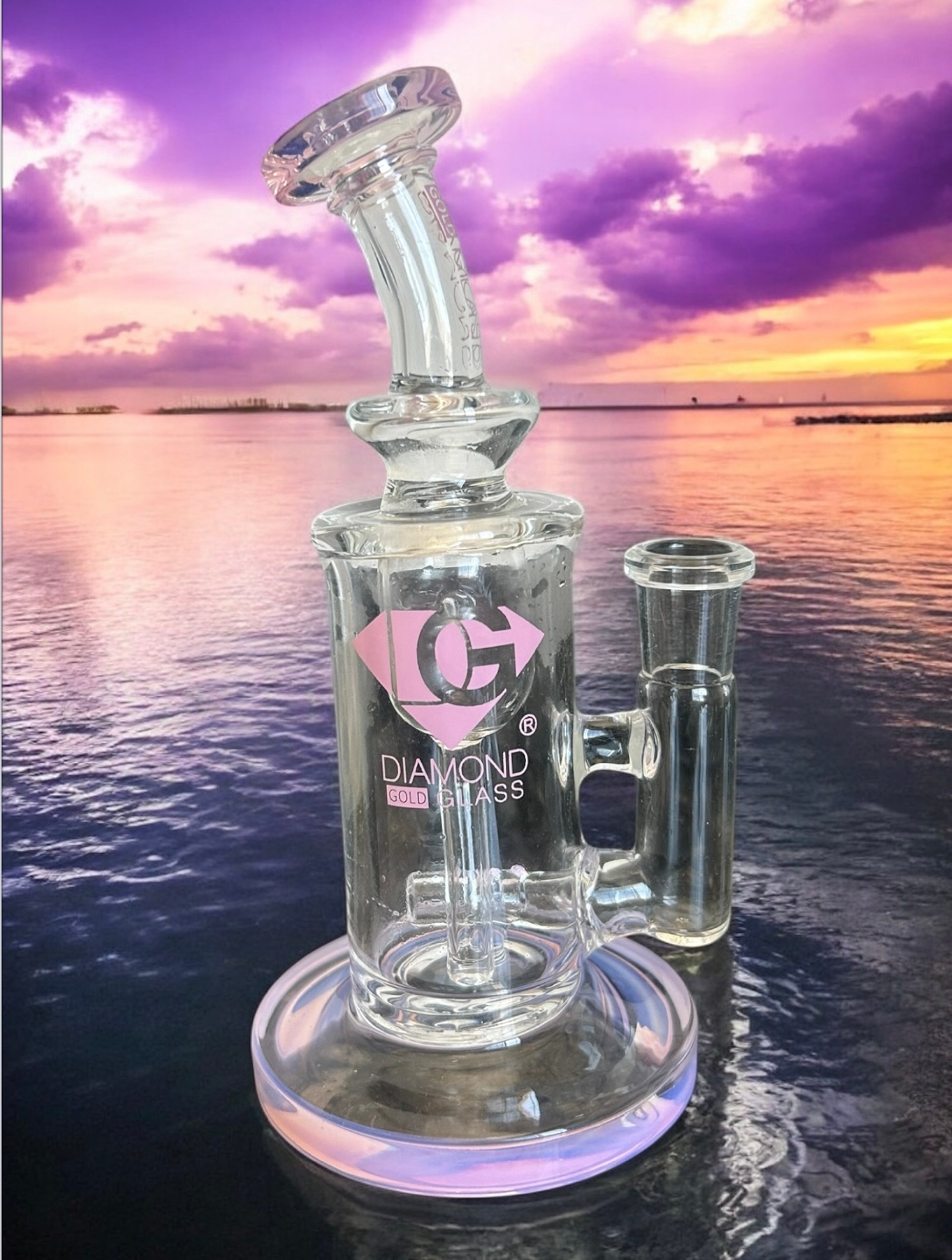 Preview pic of Diamond Glass Gold 💎 Incycler 4 Slit Inline with Iridescent Pink/Purple 🔮 Accents Bong