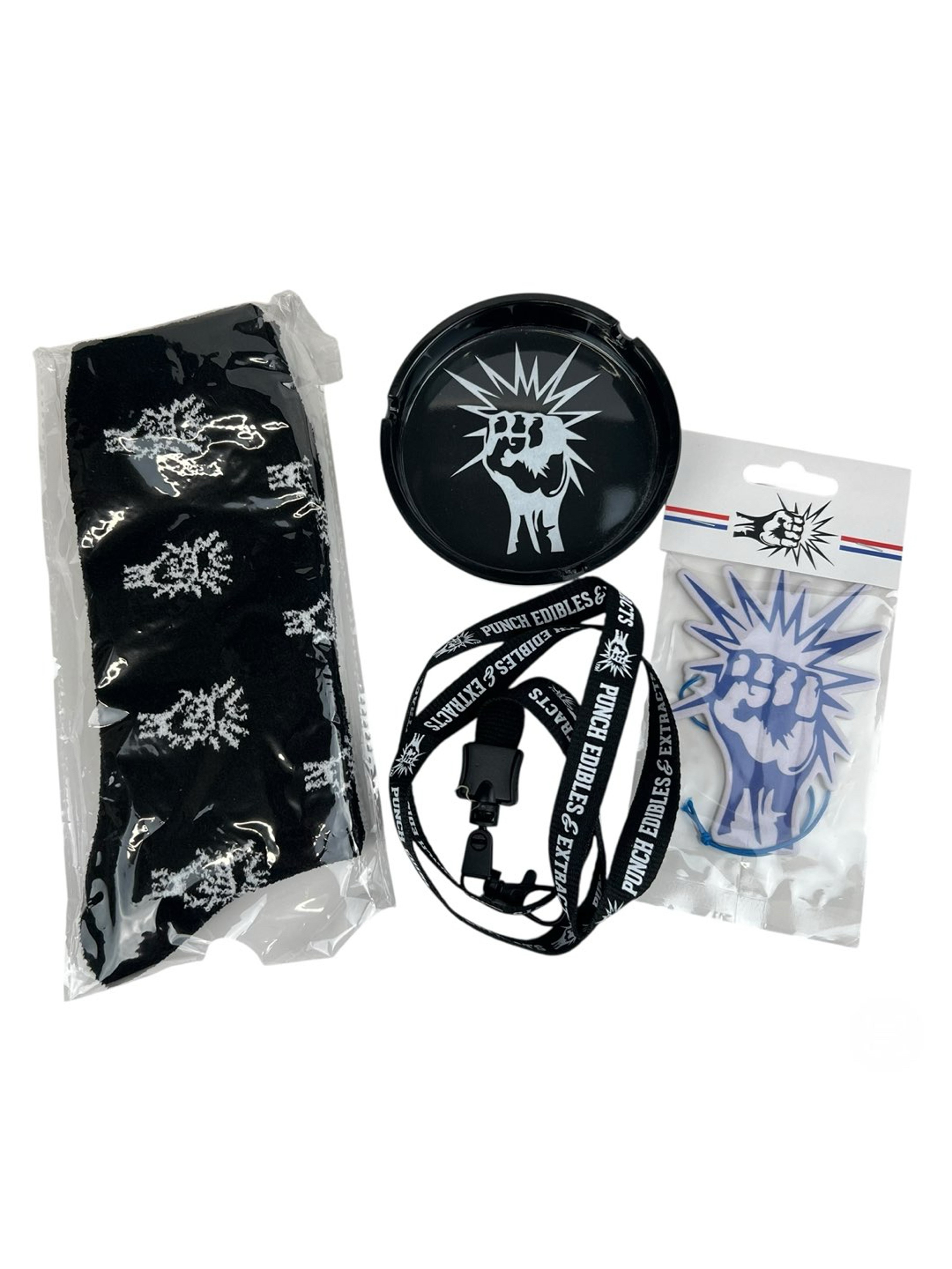 Preview pic of Punch Edibles Merch Bundle – Fuzzy Socks, Ashtray, Lanyard & Air Freshener Lot