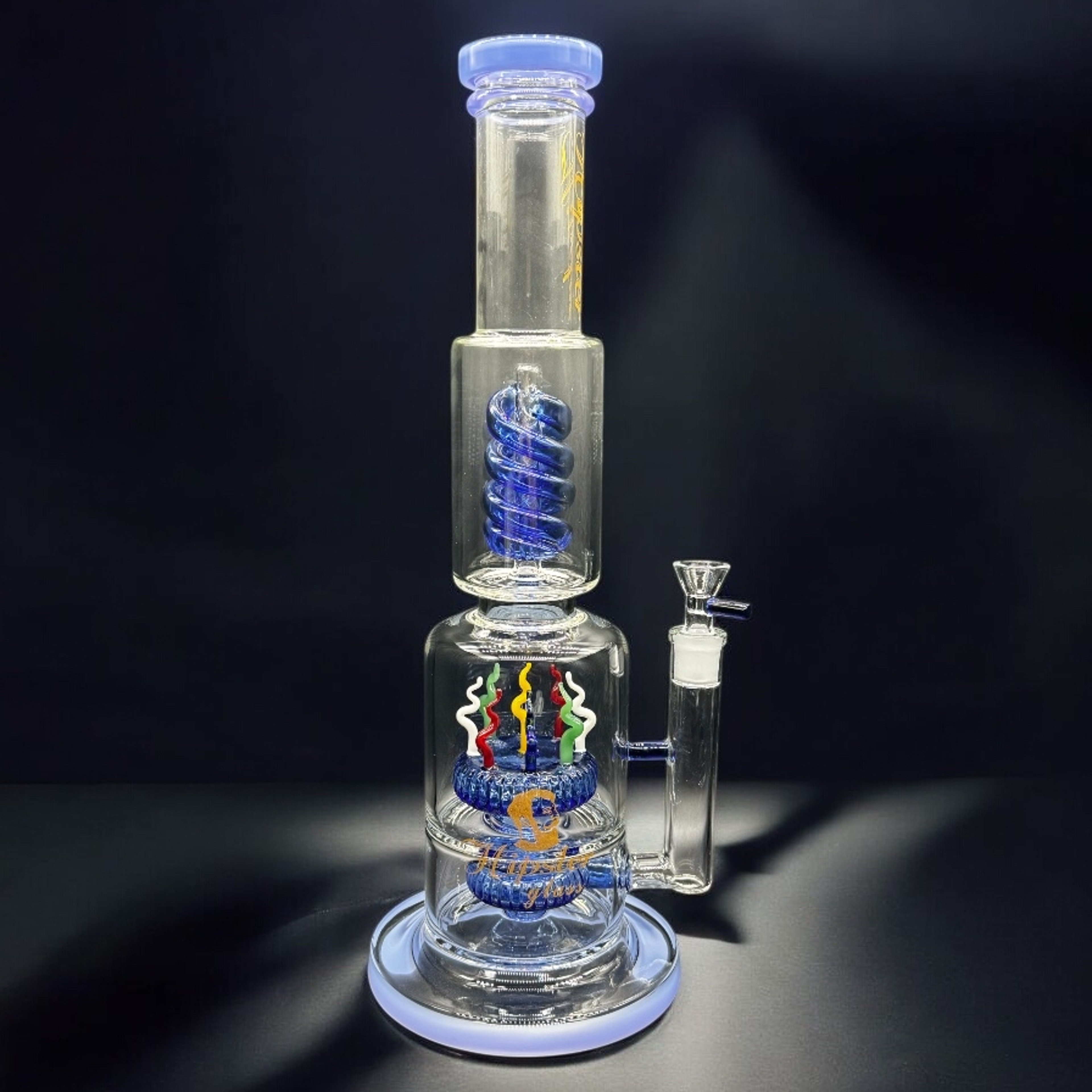 Preview pic of Hipster Glass 16” Bong with Double Showerhead Percs – Blue Accents & 14mm Bowl