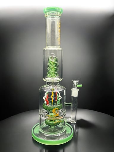 Preview pic of Hipster Glass 16” Bong with Double Showerhead Percs – Green Accents & 14mm Bowl
