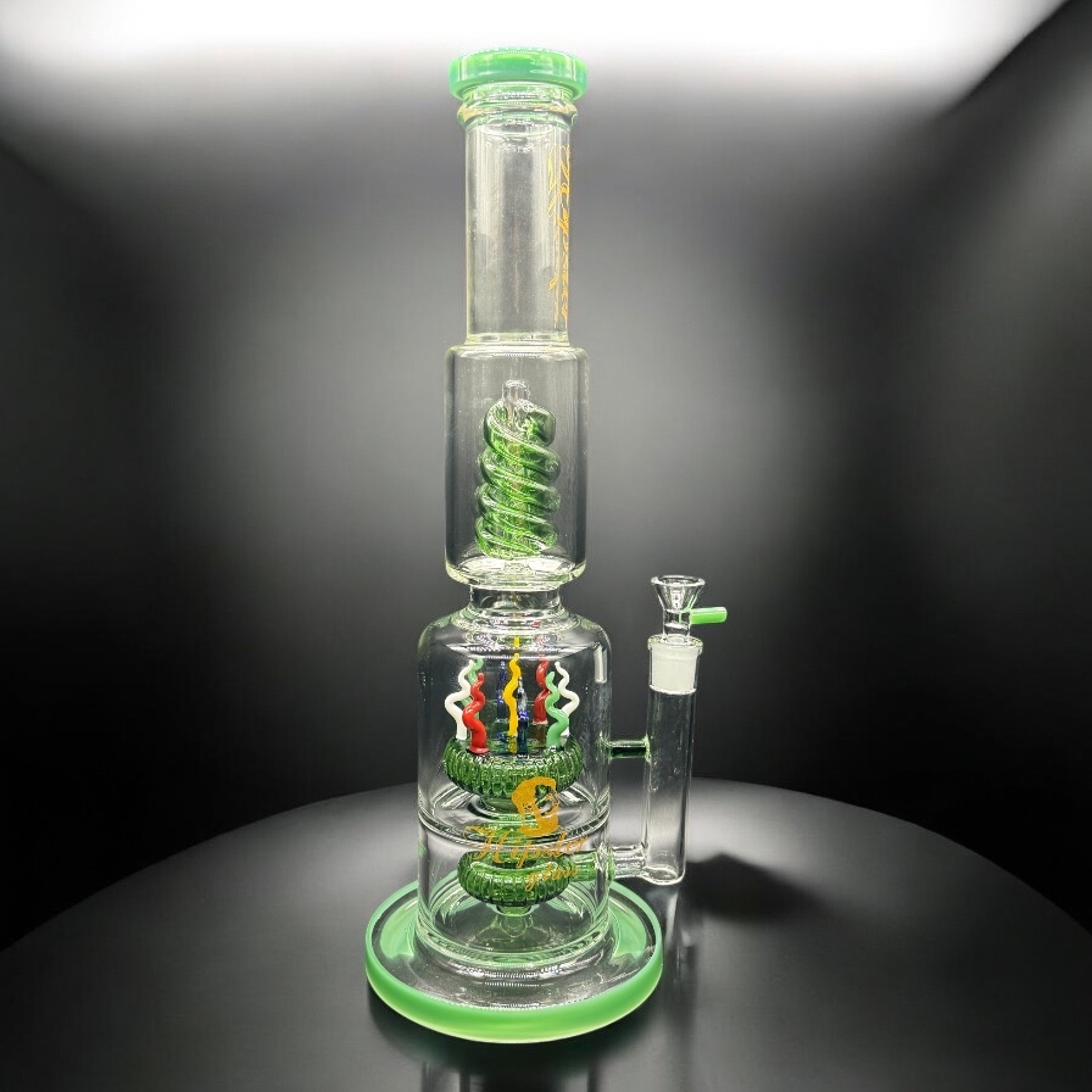 Hipster Glass 16” Bong with Double Showerhead Percs – Green Accents & 14mm Bowl image 0