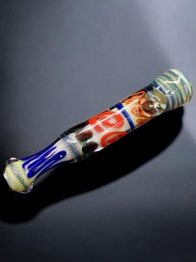 Preview pic of Hand Blown Chillum Glass Pipe 3.5” Colored with Anti-Roll Dot & Cartoon Art