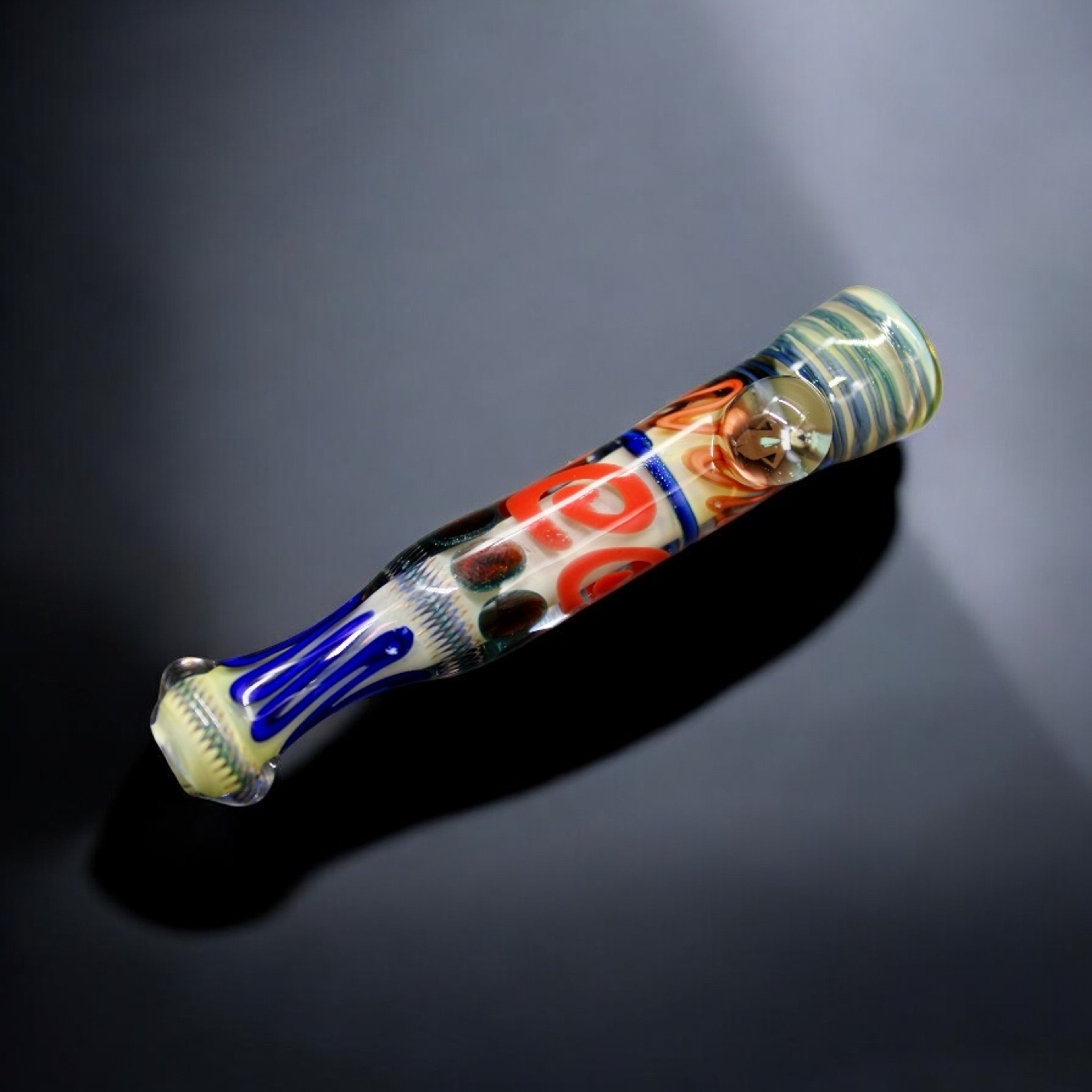 Preview pic of Hand Blown Chillum Glass Pipe 3.5” Colored with Anti-Roll Dot & Cartoon Art