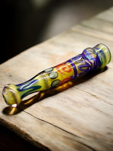 Preview pic of Hand Blown Chillum Glass Pipe 3.5” Vibrant Color with Anti-Roll Dot & Cartoon Figure