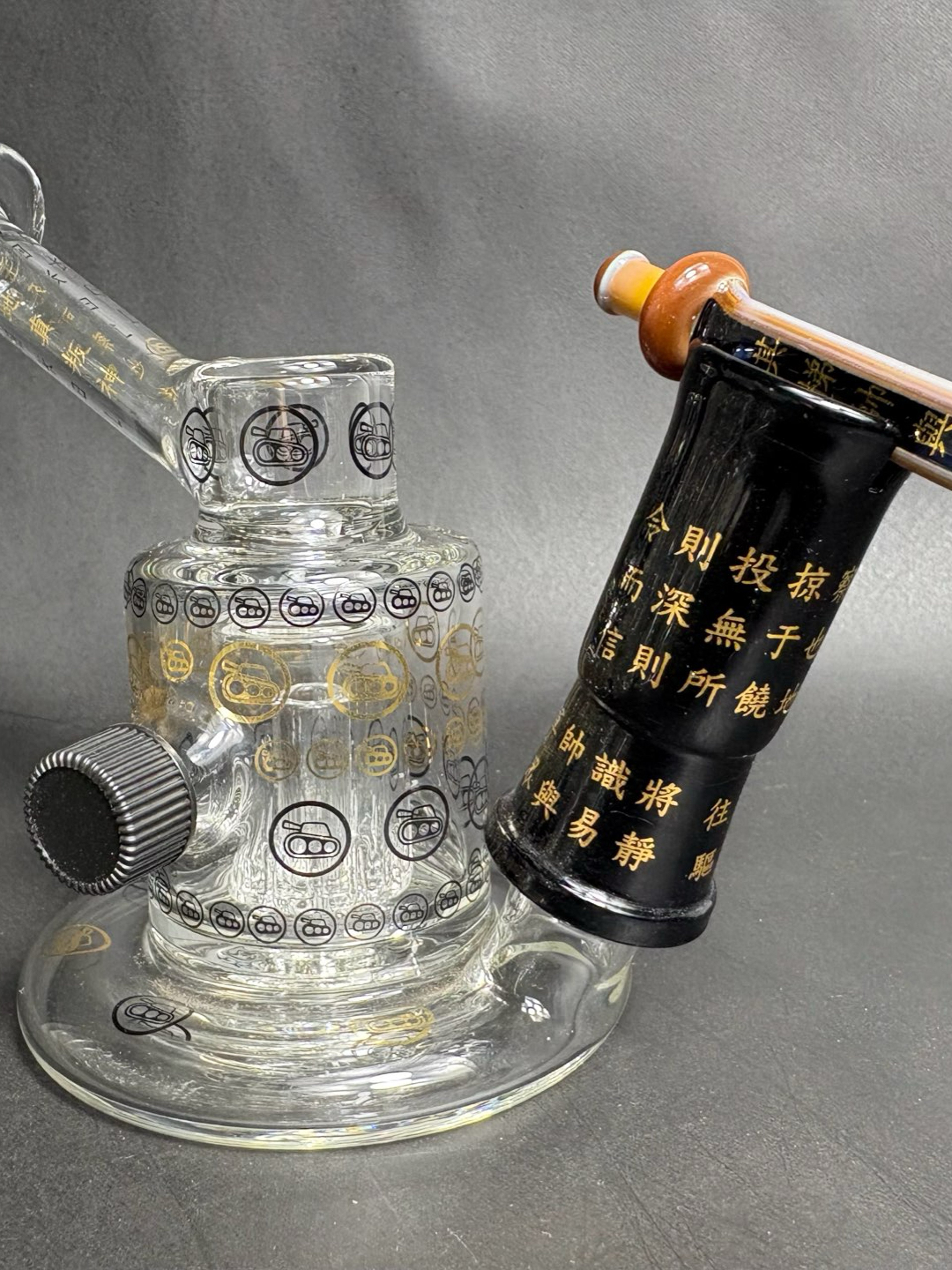 Preview pic of Aaron Sokol Art of War Series Glass Mini Cake Bubbler Perc Rig w/ Matching 18mm Dome and Dabbing Sword