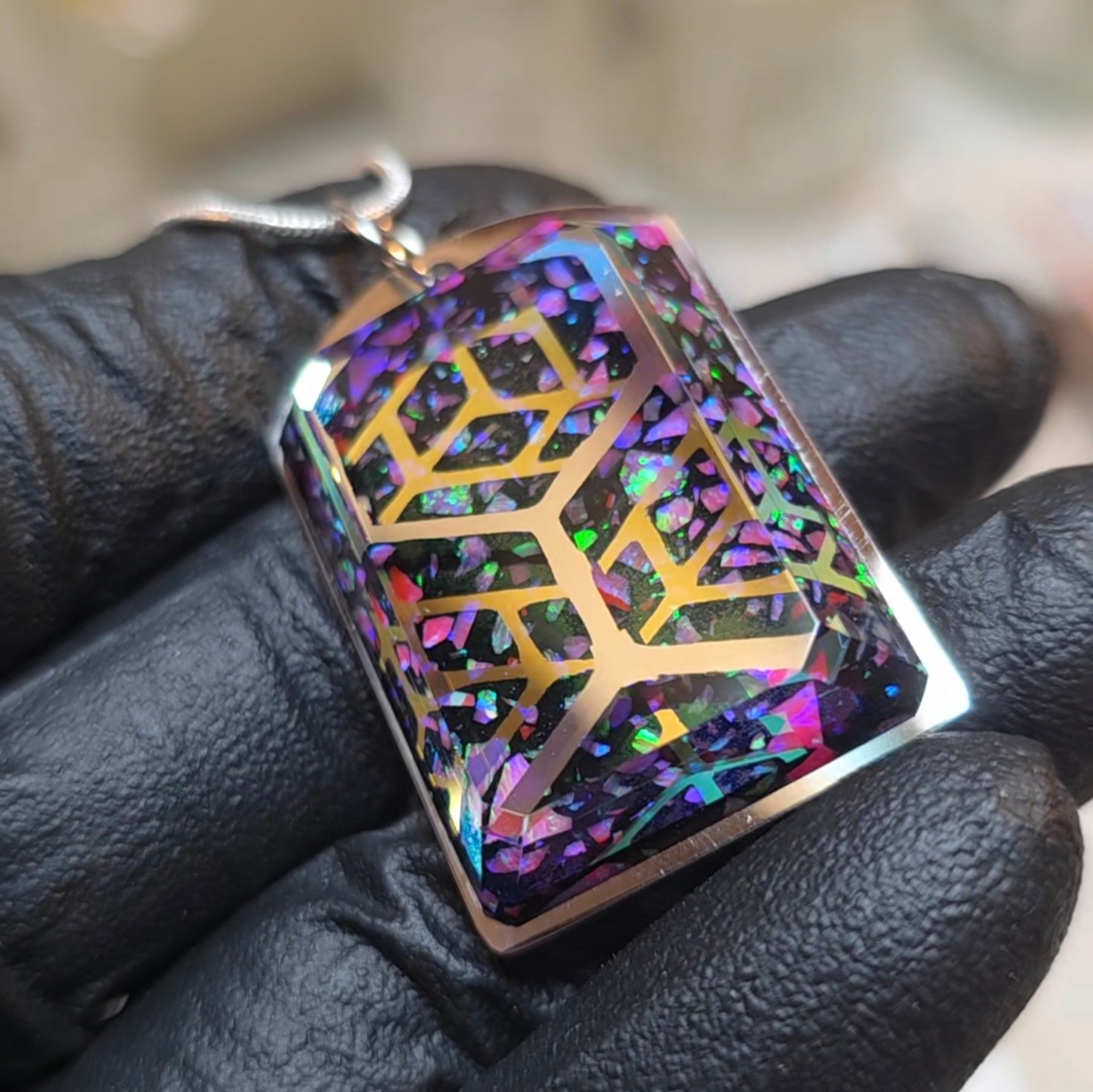 Preview pic of UV Reactive Opal & Dichro Faceted Stainless Pendant