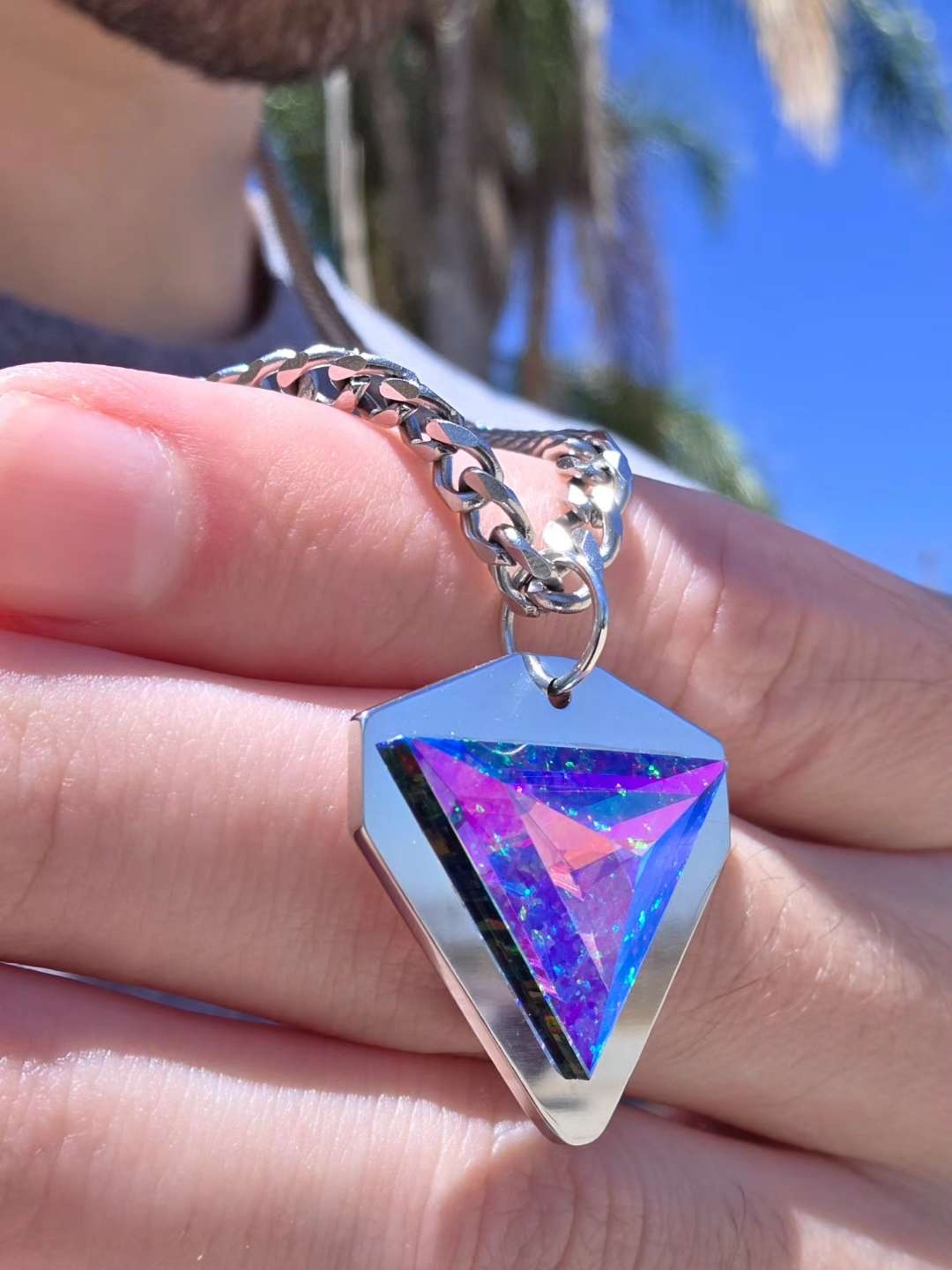 Preview pic of Black Opal Tetrahedron Dichro Faceted Stainless Pendant