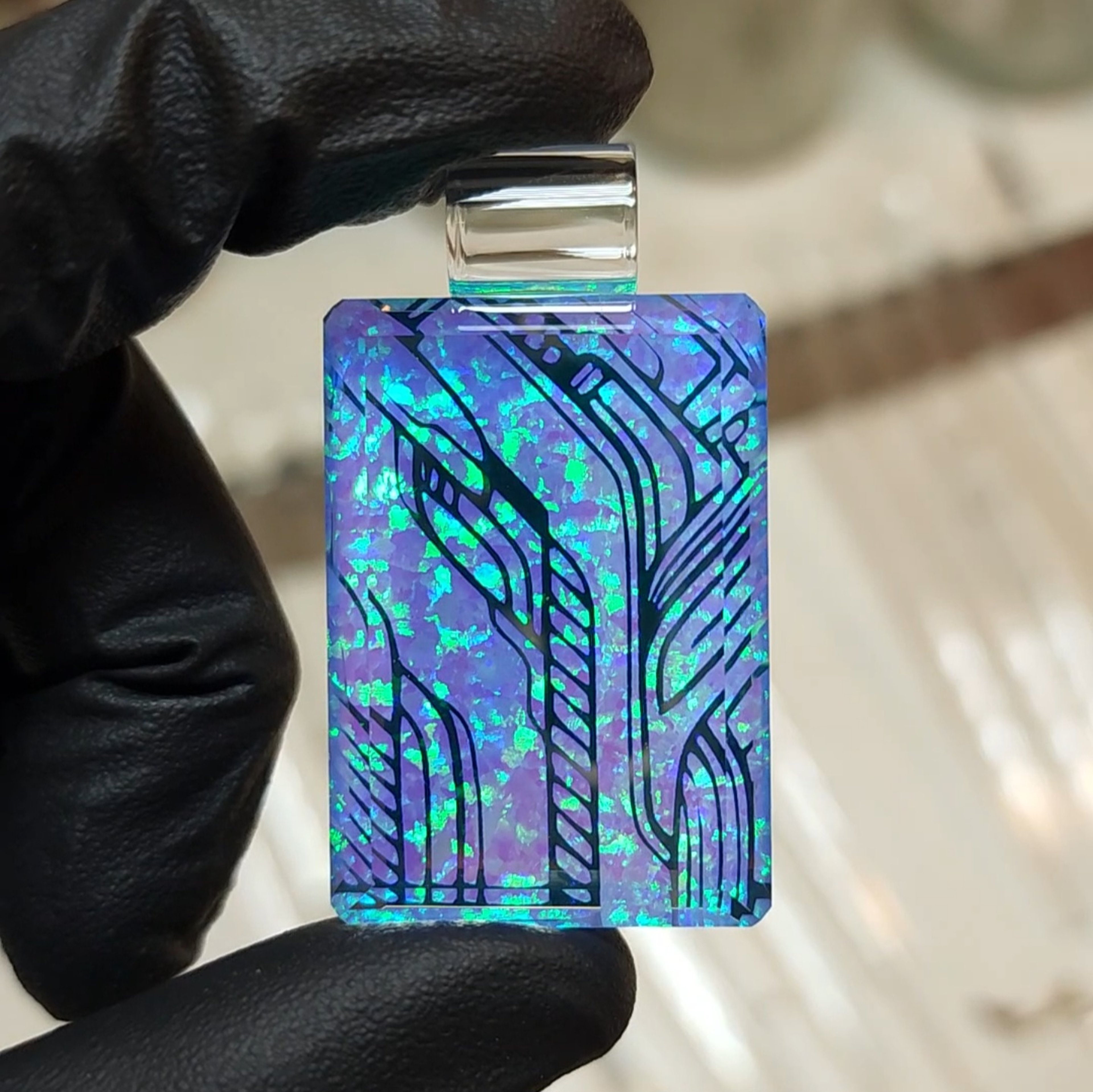Preview pic of Faceted Opal and Dichro Future Tech Etched Pendant