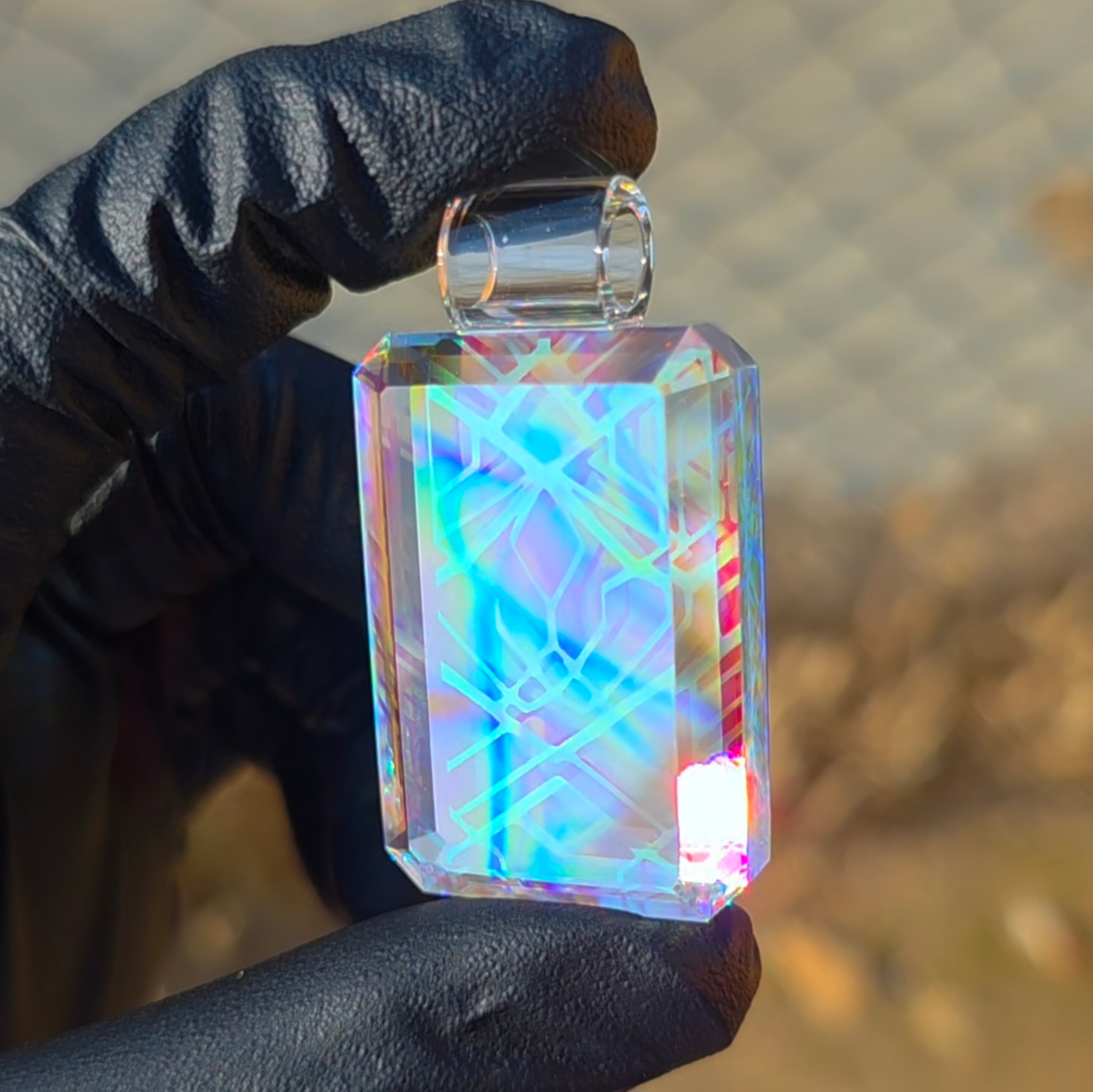 Preview pic of "Electric Kaleidoscope" Faceted Etched Dichro Pendant