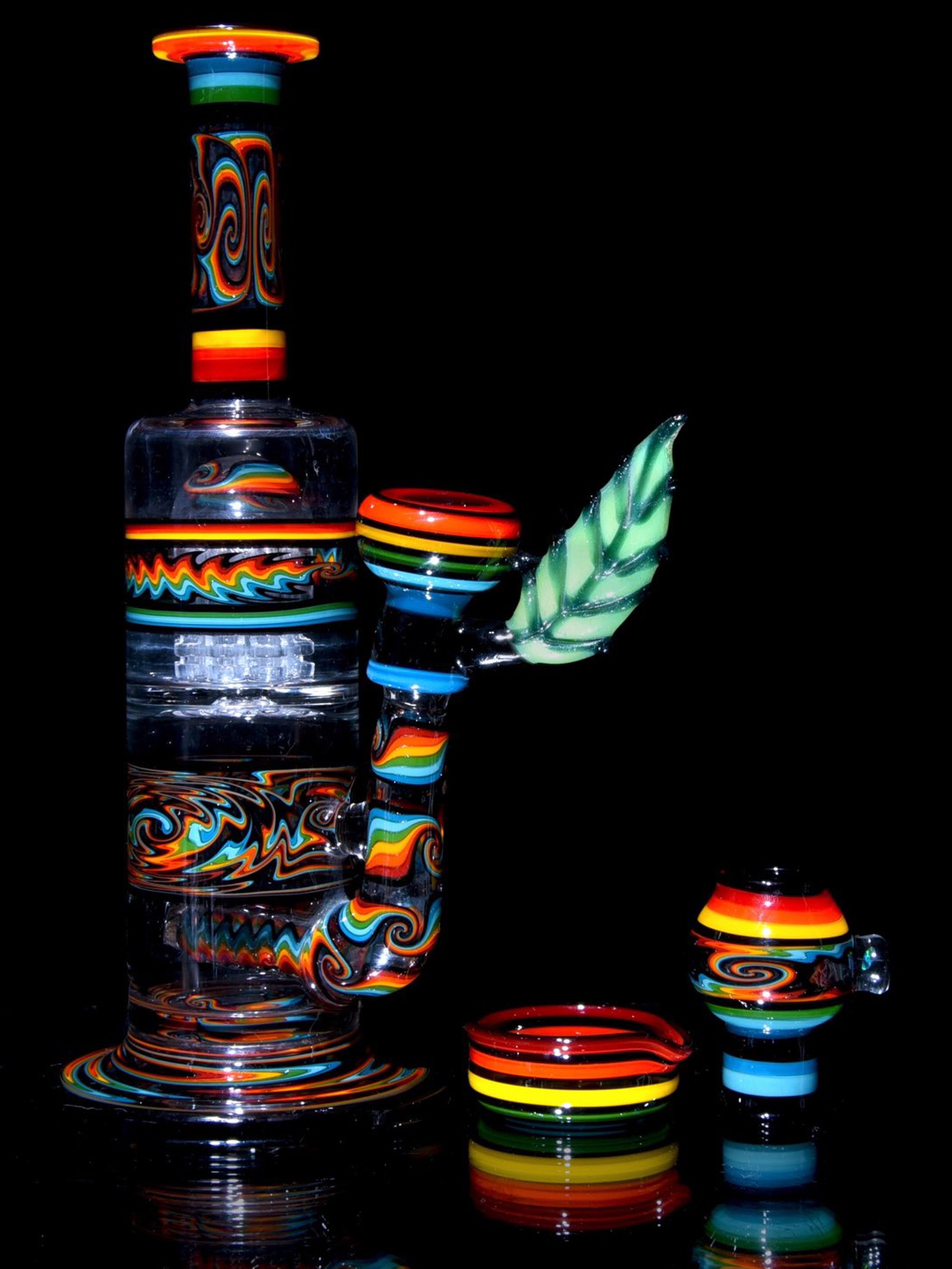 Preview pic of Sleek x Cowboy - Collab - Rainbow Linework Gridded Stemline/9-arm Tree Perc Tube Set w/ Slide, Dome, & Dish - 14mm Male