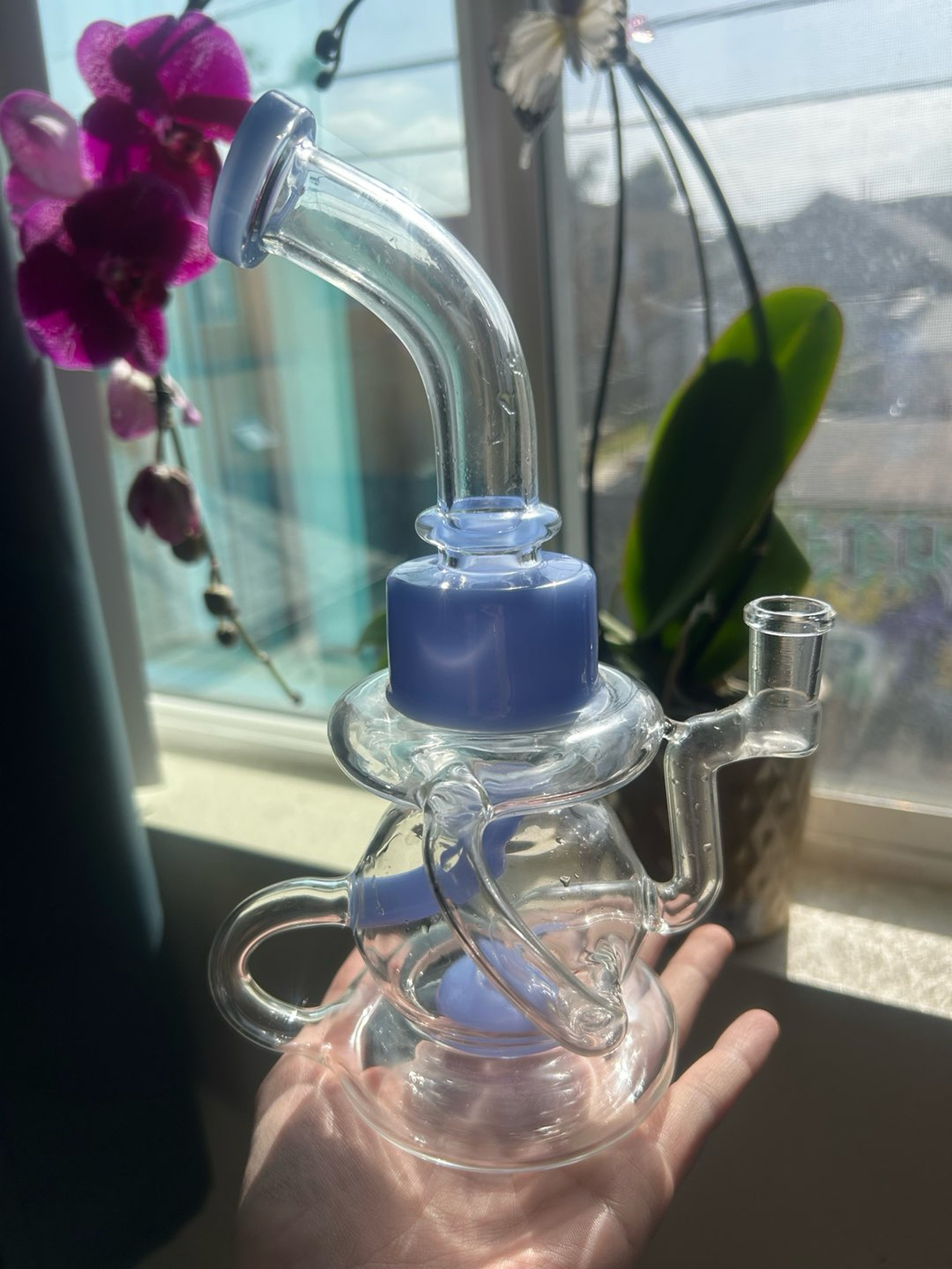 Preview pic of Periwinkle Blue 9” Recycler Bong with 14mm female joint