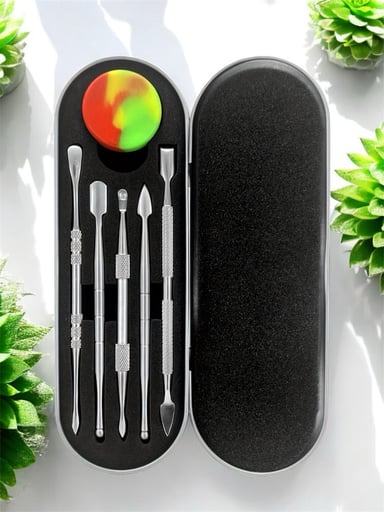 Preview pic of 6 Piece Stainless Steal tool kit for wax with a random color silicone container