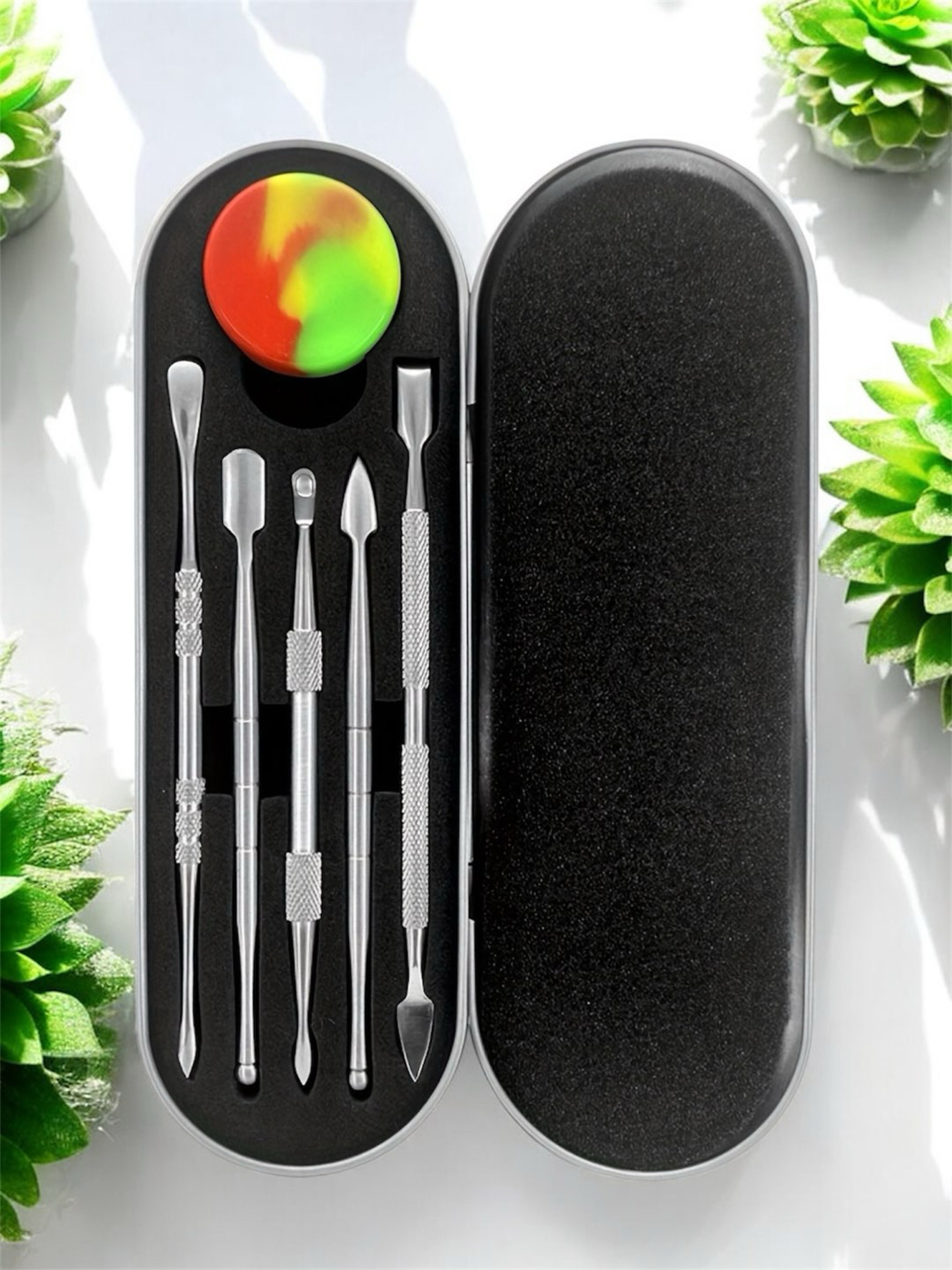 Preview pic of 6 Piece Stainless Steal tool kit for wax with a random color silicone container