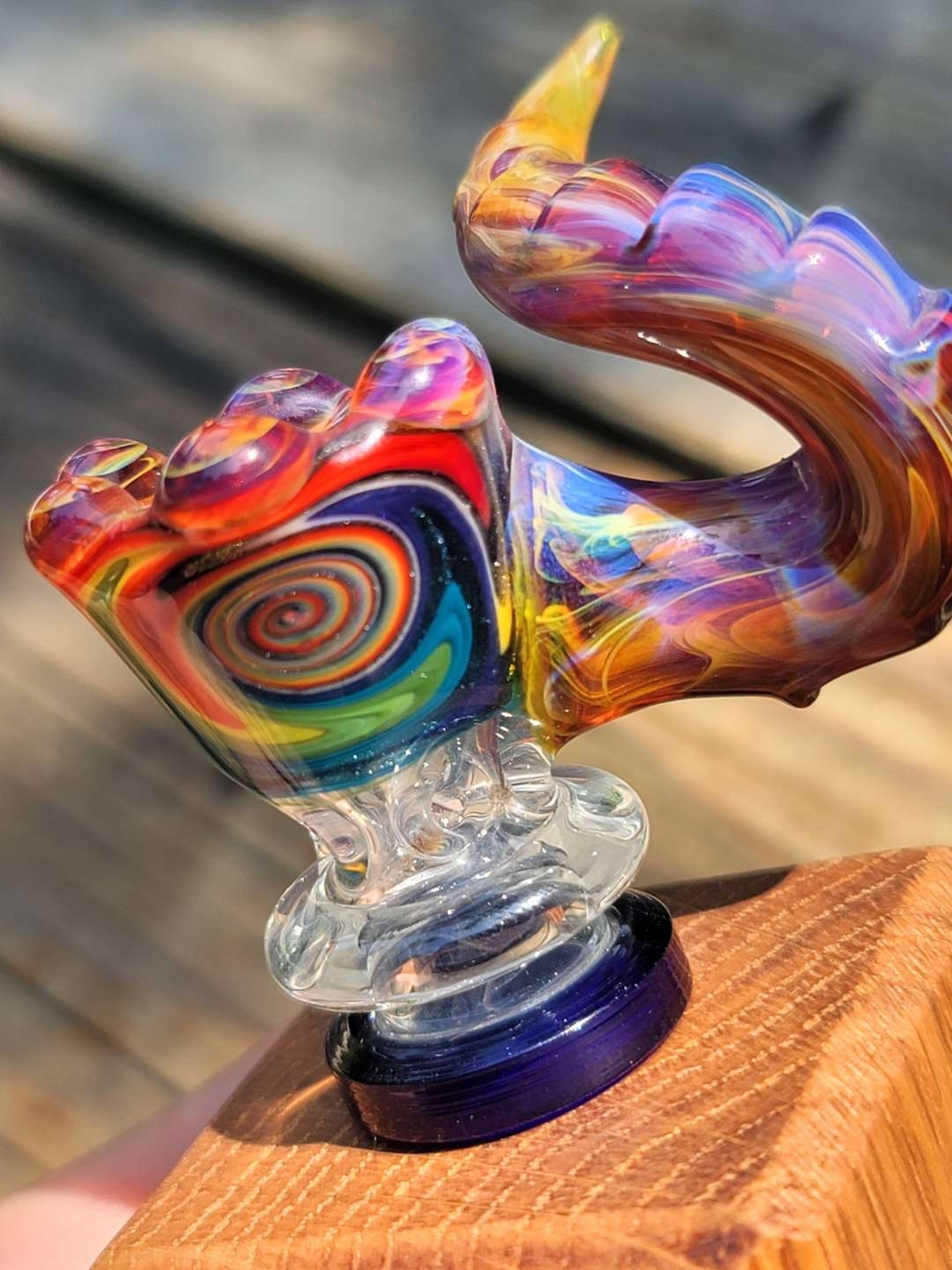 Preview pic of 14mm Amber Purple / Rainbow slide with Red Oak stand