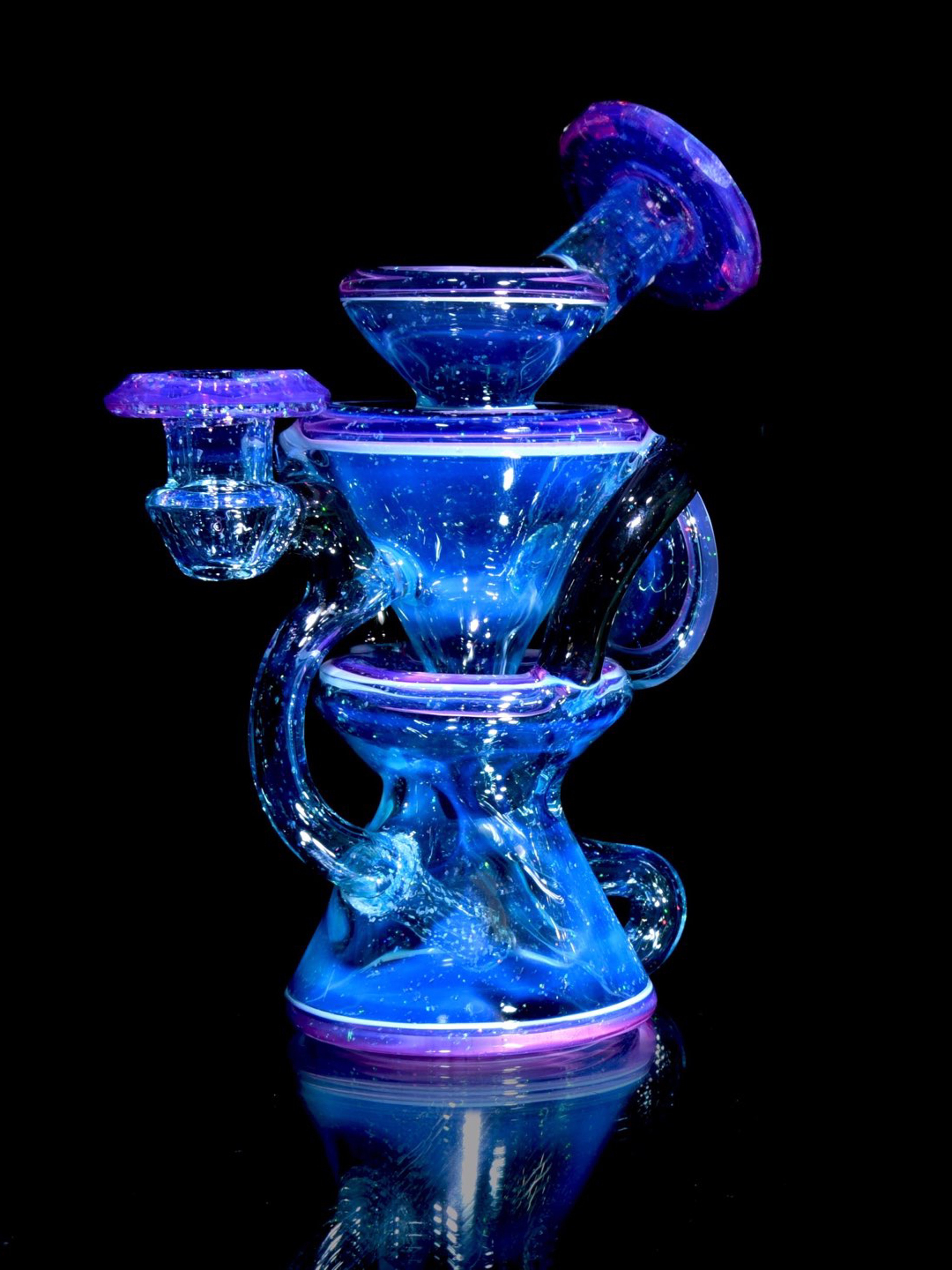 Preview pic of Capt’n Cronic - Faceted Two & Through Double-uptake Floating Recycler - Full Meta-Terrania, Royal Jelly, & Dark Amethyst Crushed Opal - 10mm Female