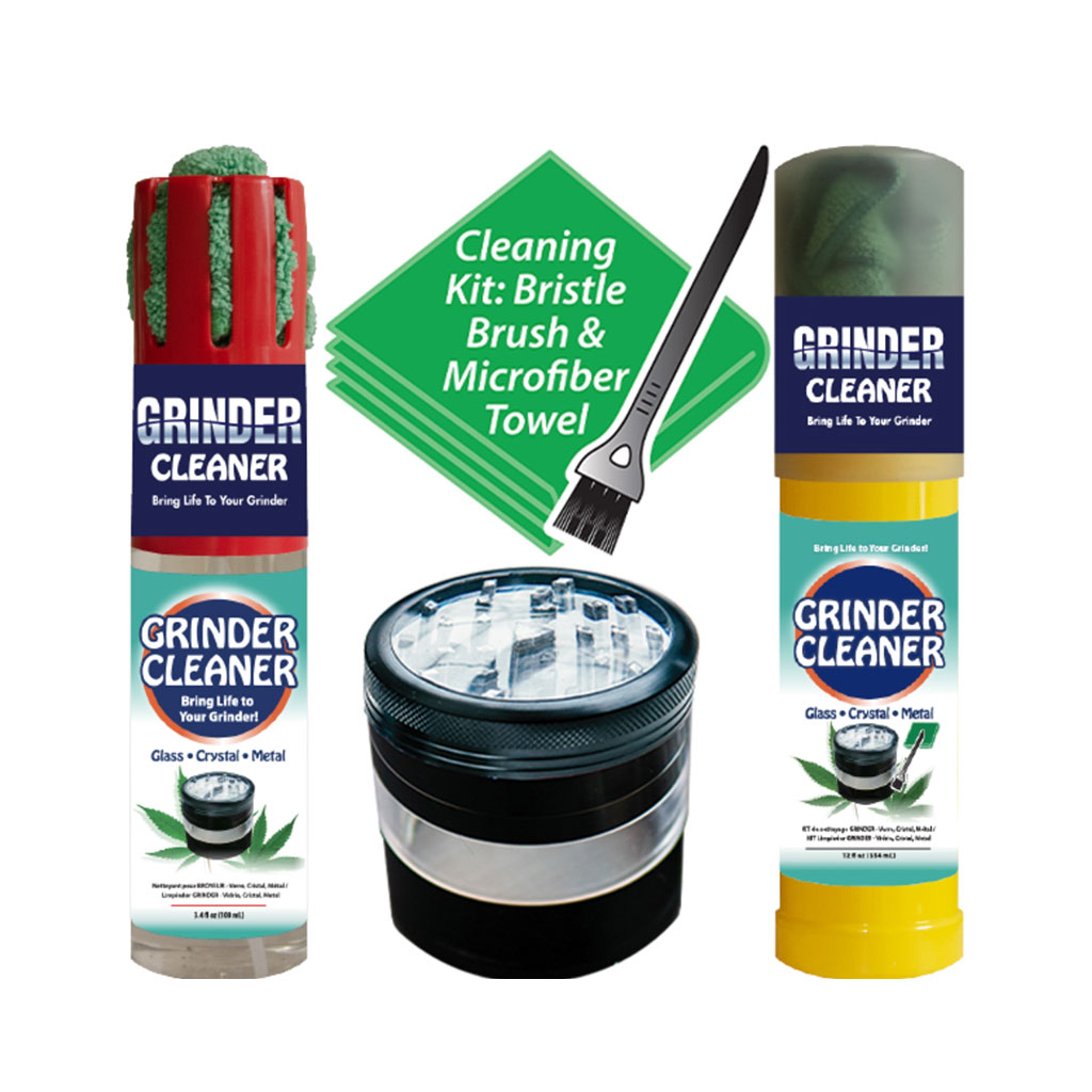 Preview pic of Repel-Aide Bong Life Grinder Cleaner / 12oz Kit w/ White Cup Cap, Microfiber Towel. Bristle Brush