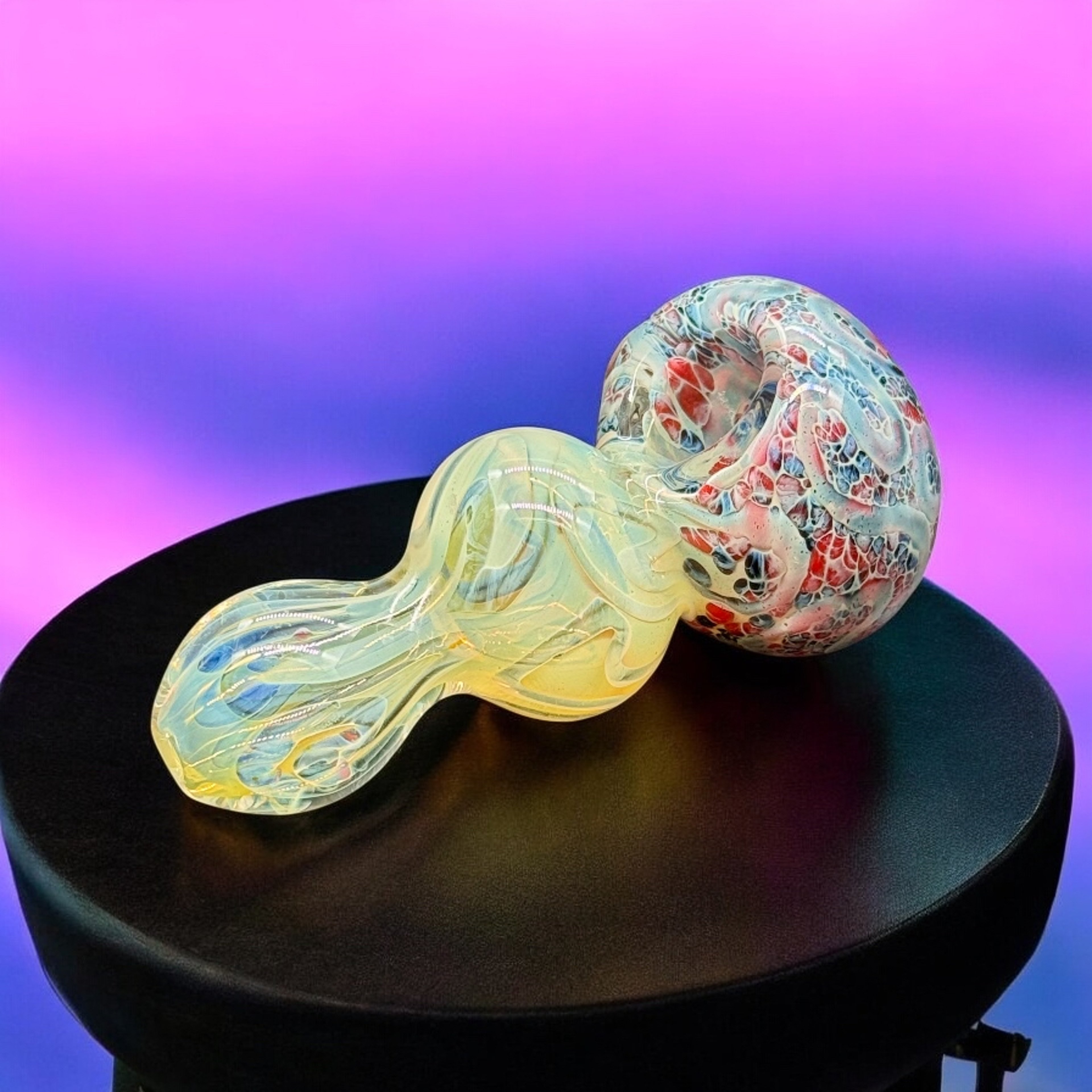 Preview pic of 3.5” Hand-Blown Glass Pipe – Color Changing with Red & Blue Swirls