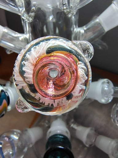 Preview pic of Colored glass bowl Pink/Green swirl