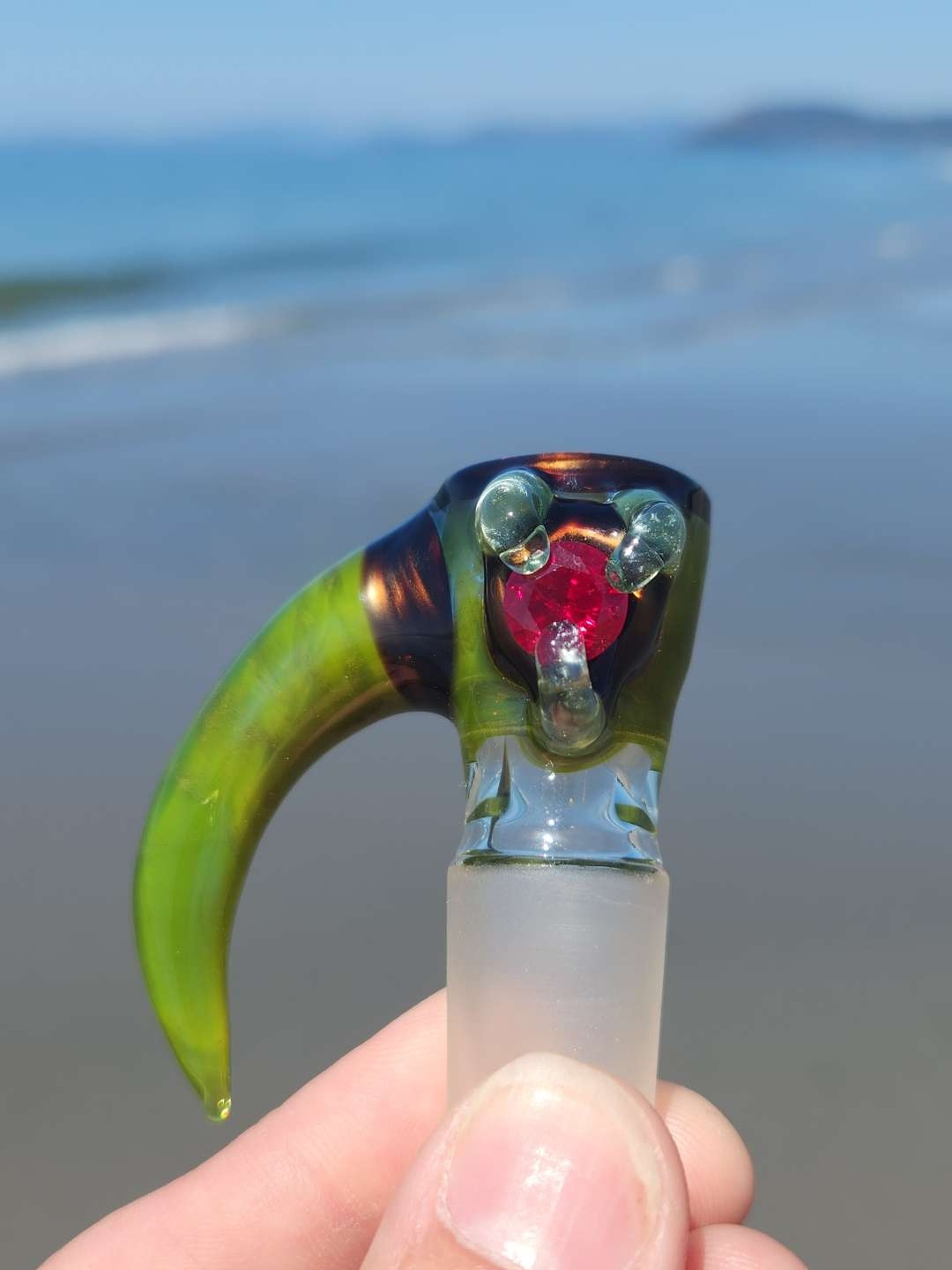 Preview pic of 18mm x 4 Green opal slide w/ 3ct ruby round
