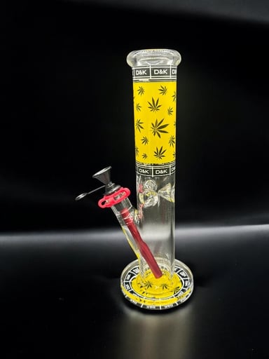 Preview pic of 12” D&K Straight Glass Bong – Yellow Leaf Design with Metal Bowl
