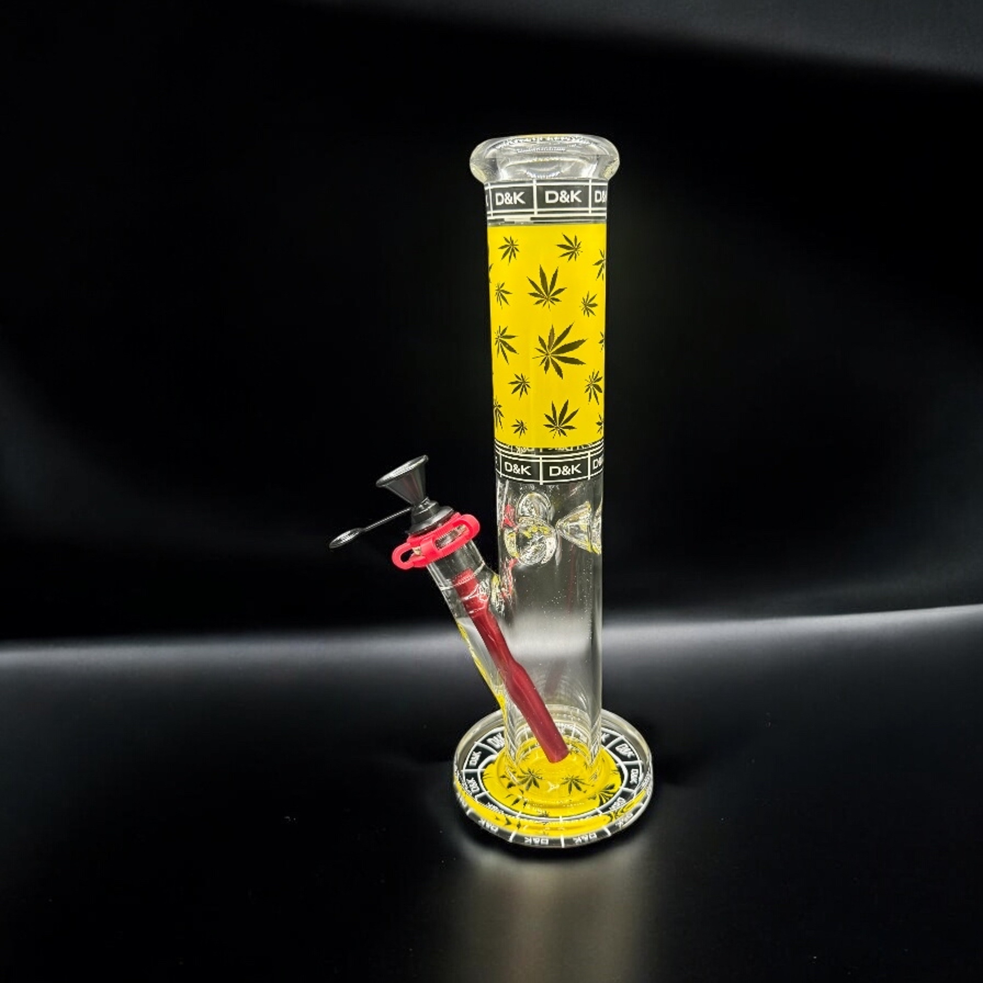 Preview pic of 12” D&K Straight Glass Bong – Yellow Leaf Design with Metal Bowl
