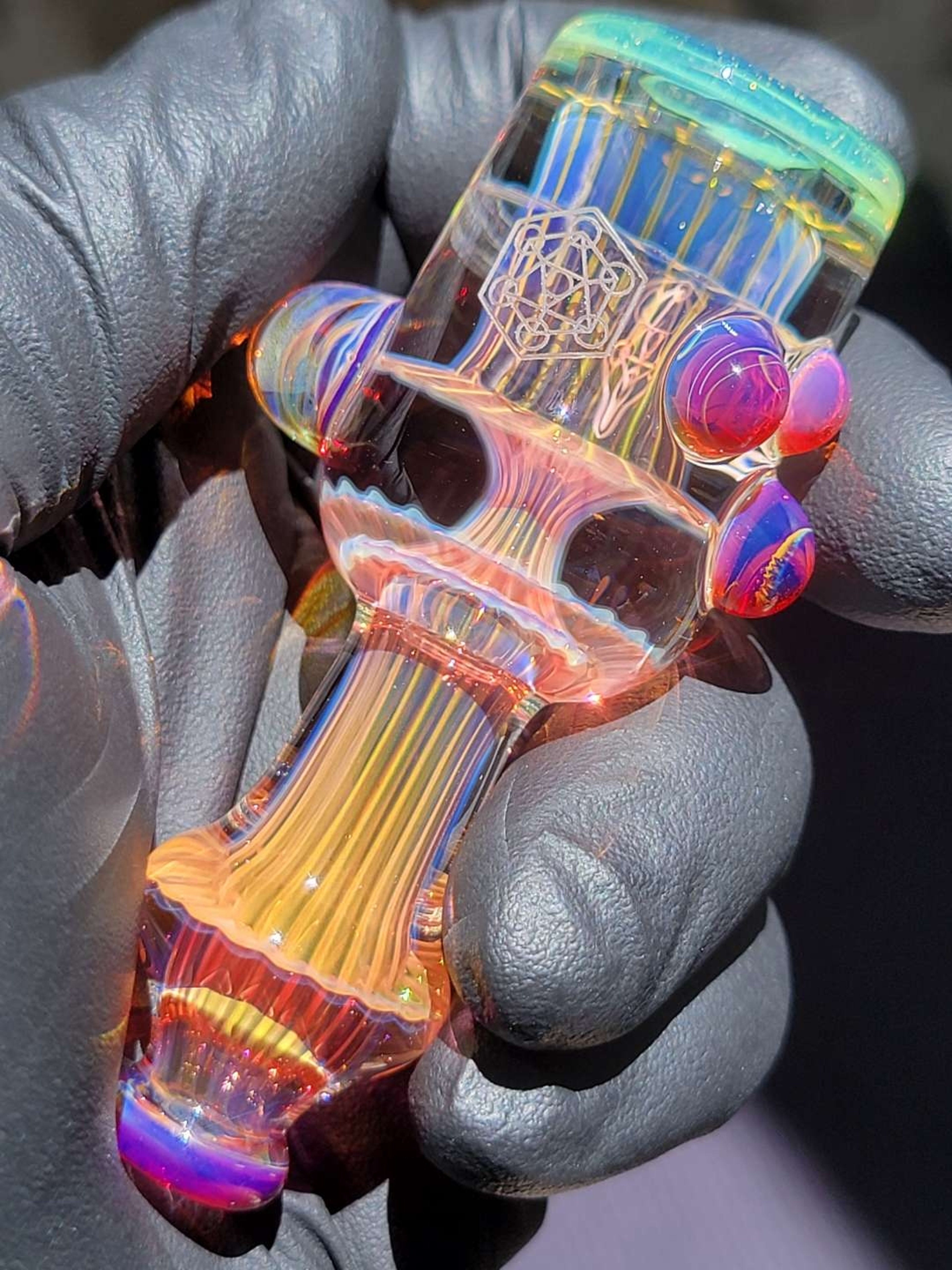 Preview pic of Sacred Geometry Etched Heady Chillum Silver & Gold Fumed Handmade Borosilicate Glass boro, art pipe, SaltyDog Glass Ethan Lesch