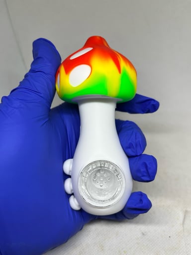 Preview pic of Rasta Colored w/ White Polkadots “Cap” Silicone & Glass Mushroom Pipe