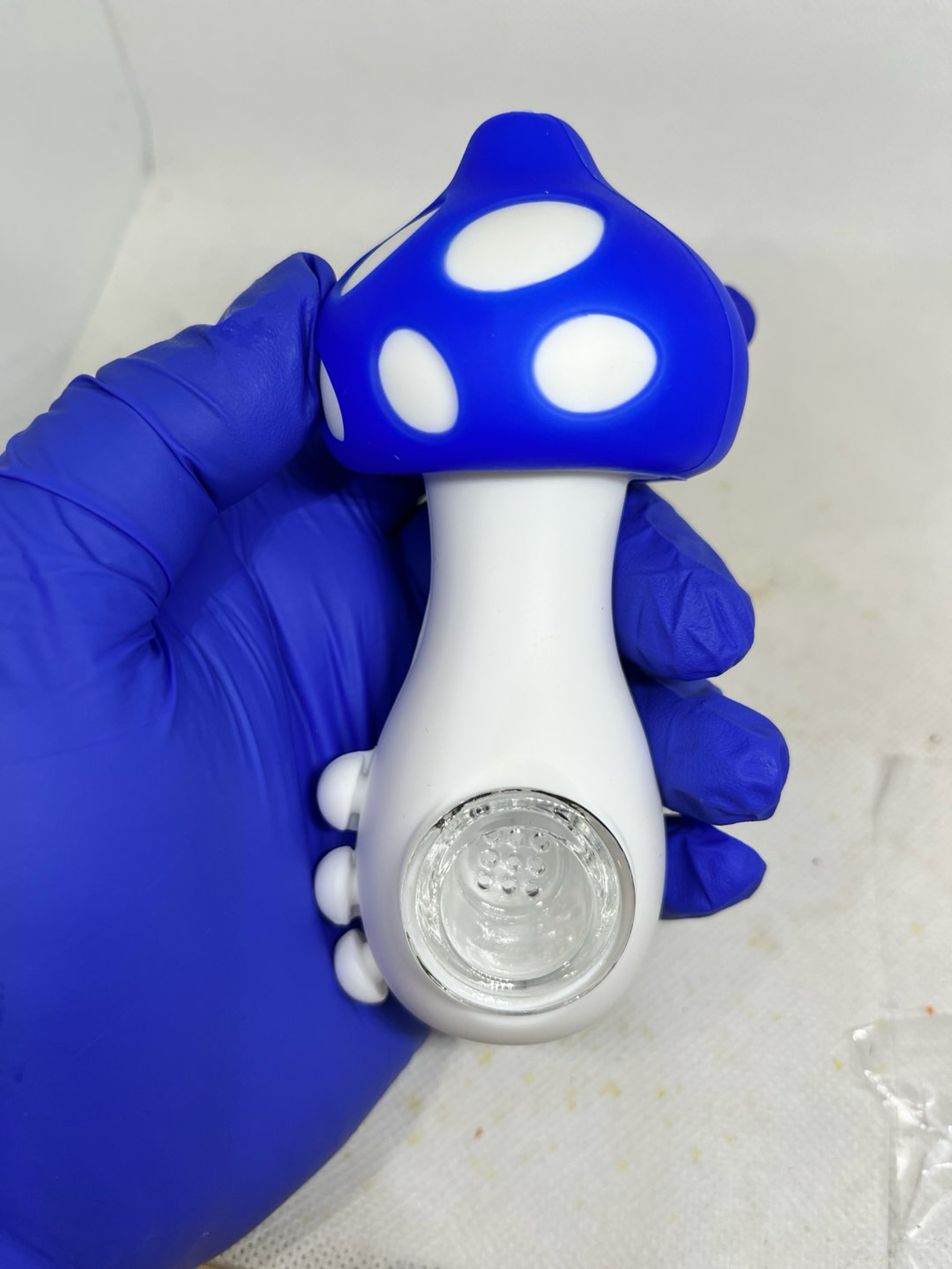 Preview pic of Royal Blue w/ White Polkadots Mushroom Silicone-Glass Pipe