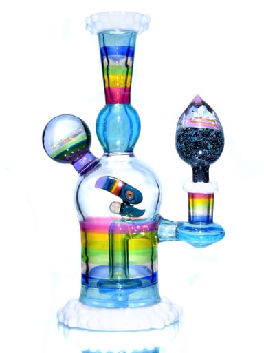 Preview pic of RJ Glass - Rainbow & Clouds Meta-Terrania Banger Hanger w/ Sculpted Toucan and Faceted Crushed Opal Cap - 10mm Female