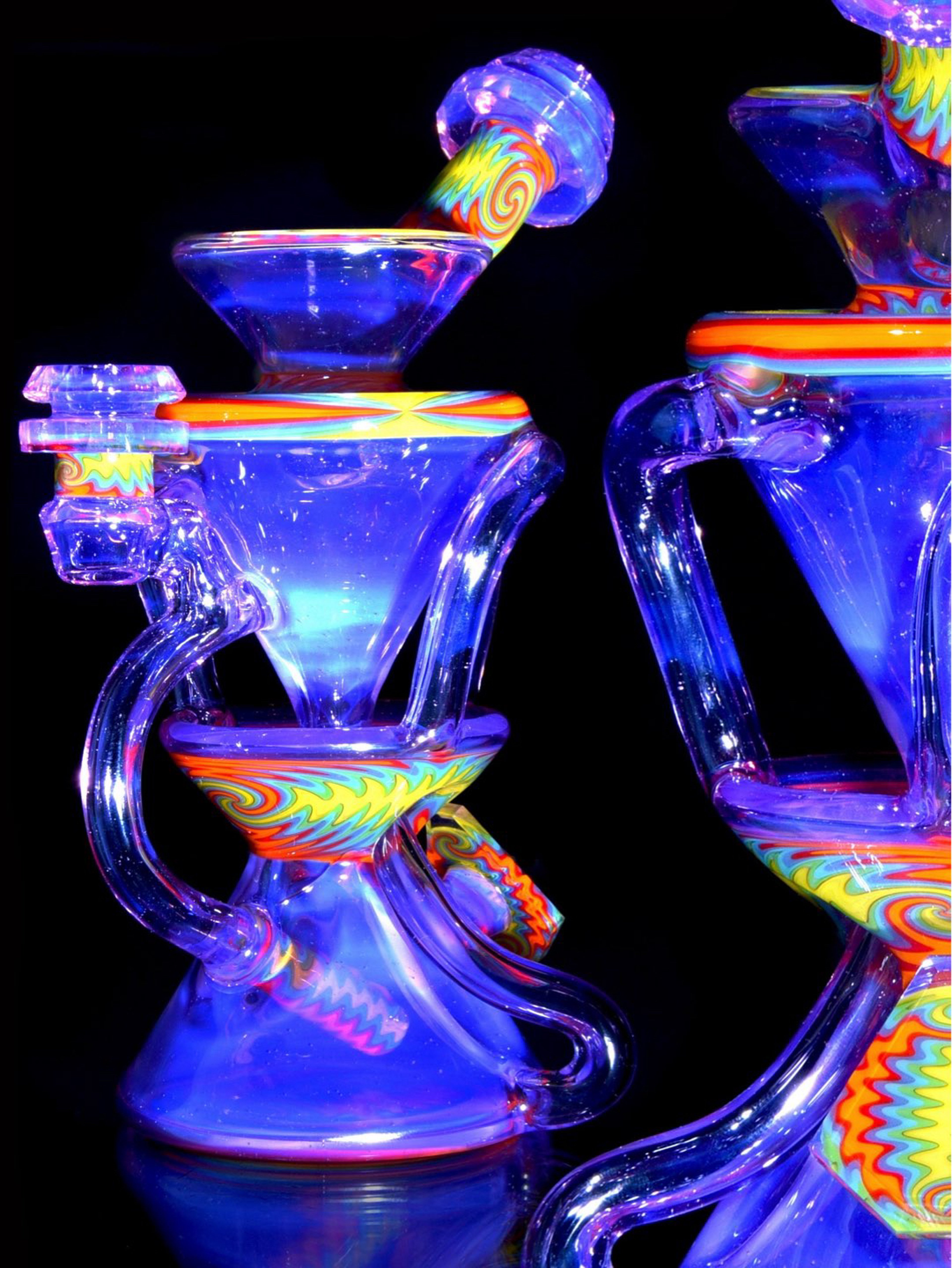 Preview pic of Capt’n Cronic - Faceted Full-size V2 Triple Double Floating Recycler - Karmline/Sunset Rainbow Linework - 10mm Female
