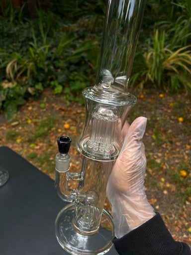 Preview pic of Tree perc to bigger tree perc clear bong with pink Dichro over black 14 mm bowl and black lip wrap accent