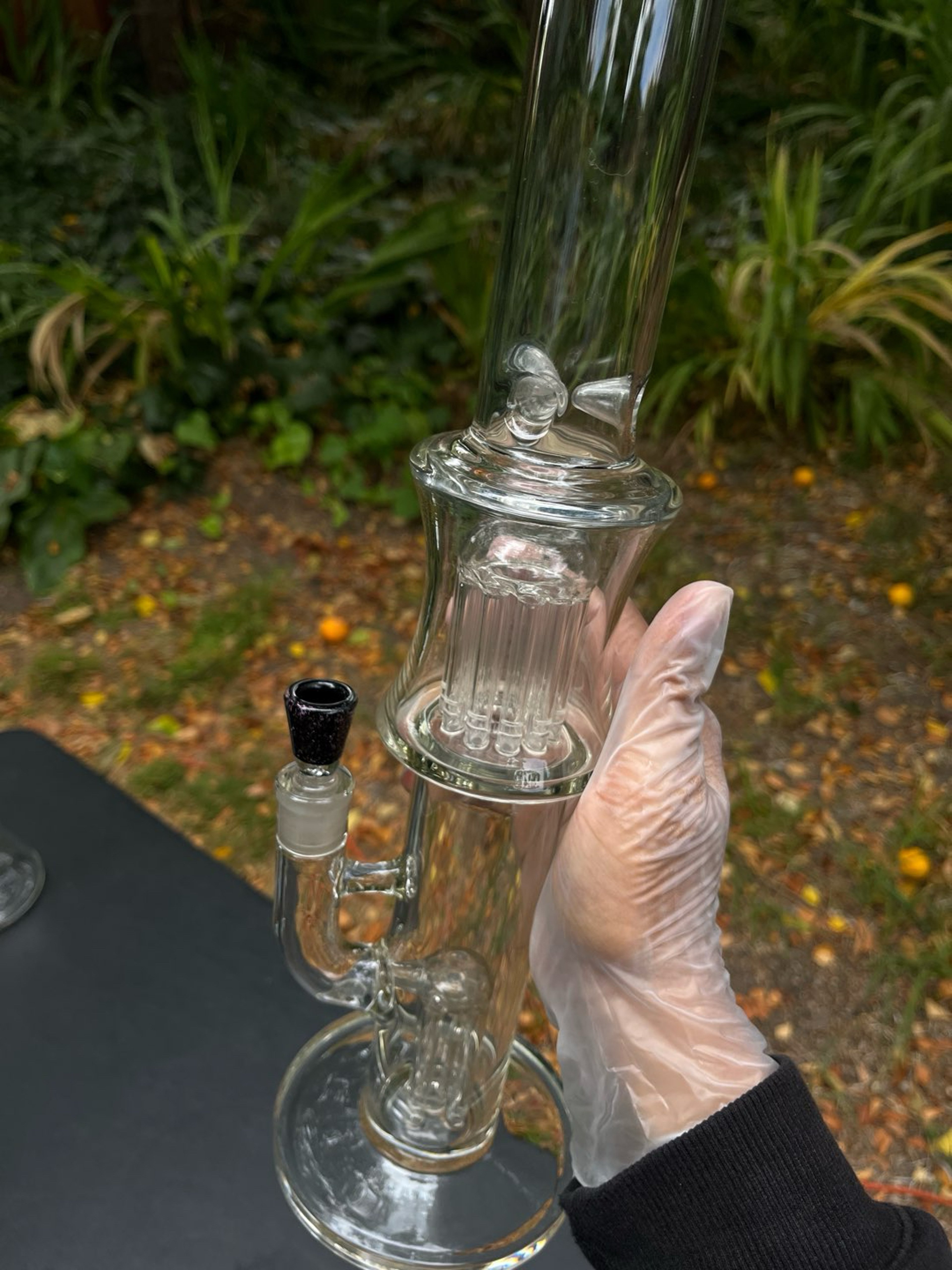 Preview pic of Tree perc to bigger tree perc clear bong with pink Dichro over black 14 mm bowl and black lip wrap accent