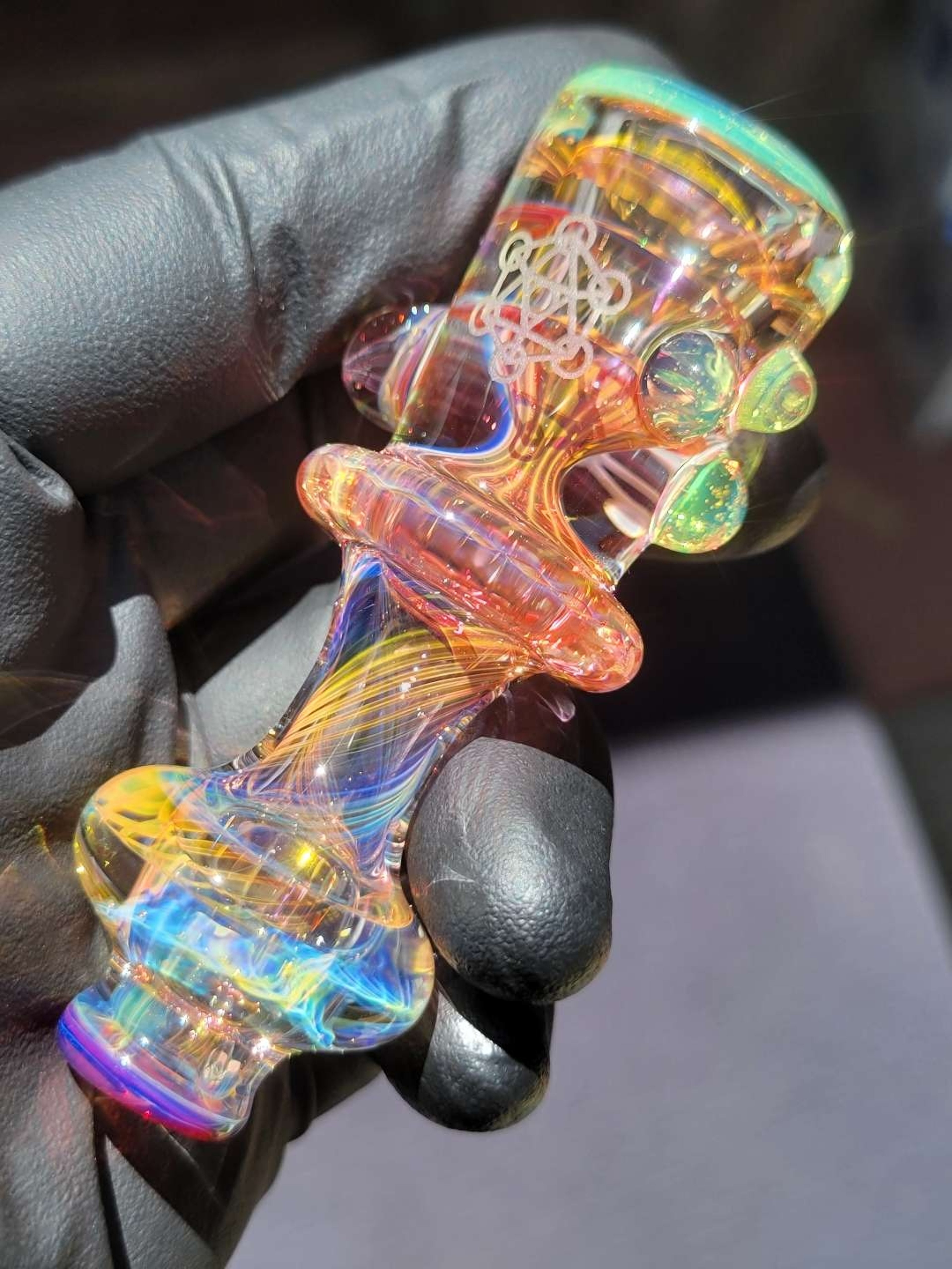 Preview pic of Sacred Geometry Etched Heady Chillum Silver & Gold Fumed Handmade Borosilicate Glass boro, art pipe, SaltyDogGlass Ethan Lesch