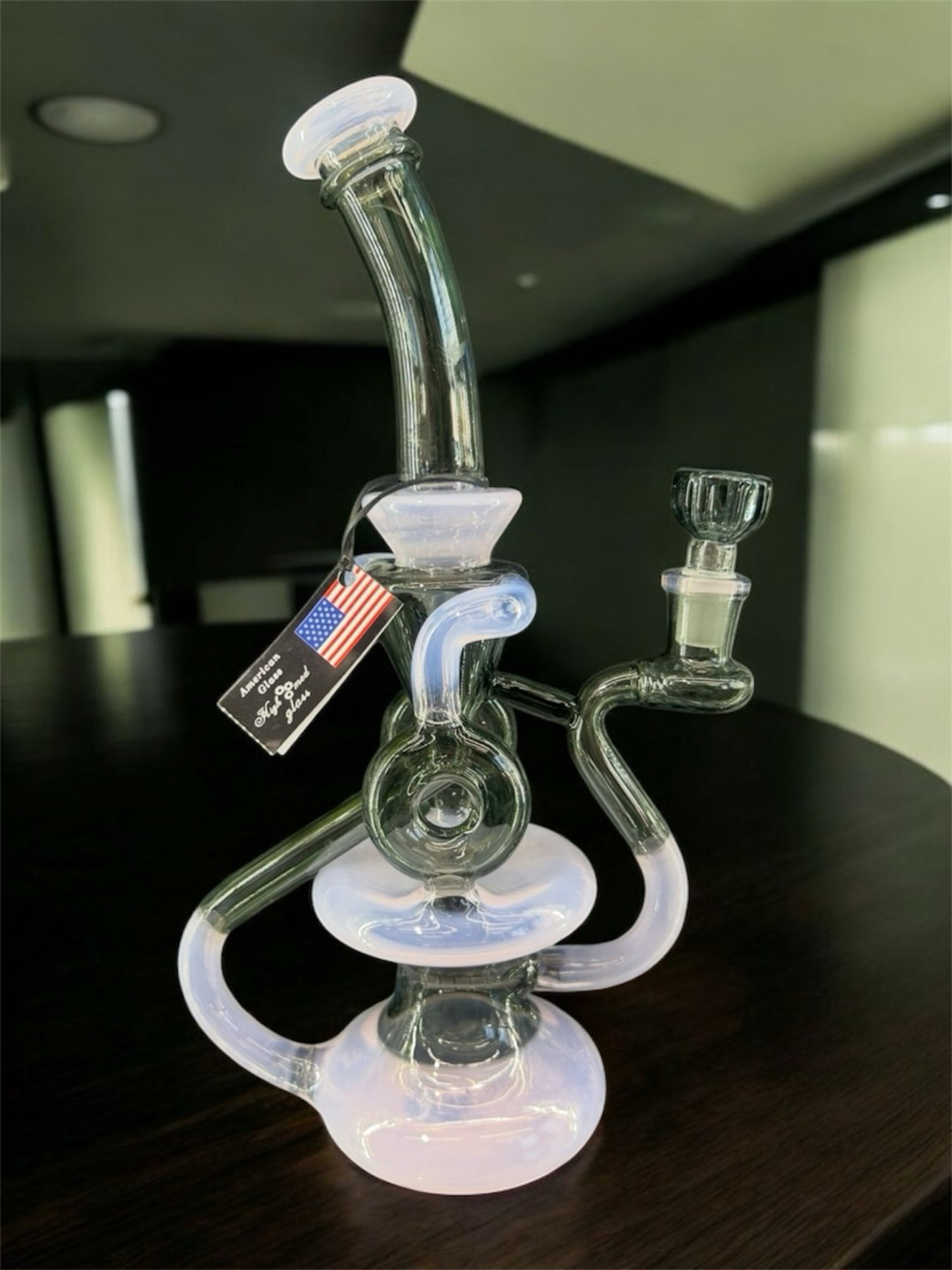 Preview pic of American Glass 12” Tall Black & Opal Recycler Inline Perc Bong