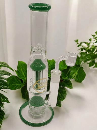 Preview pic of Cali Cloud 9.5" Straight Tube Honeycomb & Tree Double Perc in Forest Green 🌿