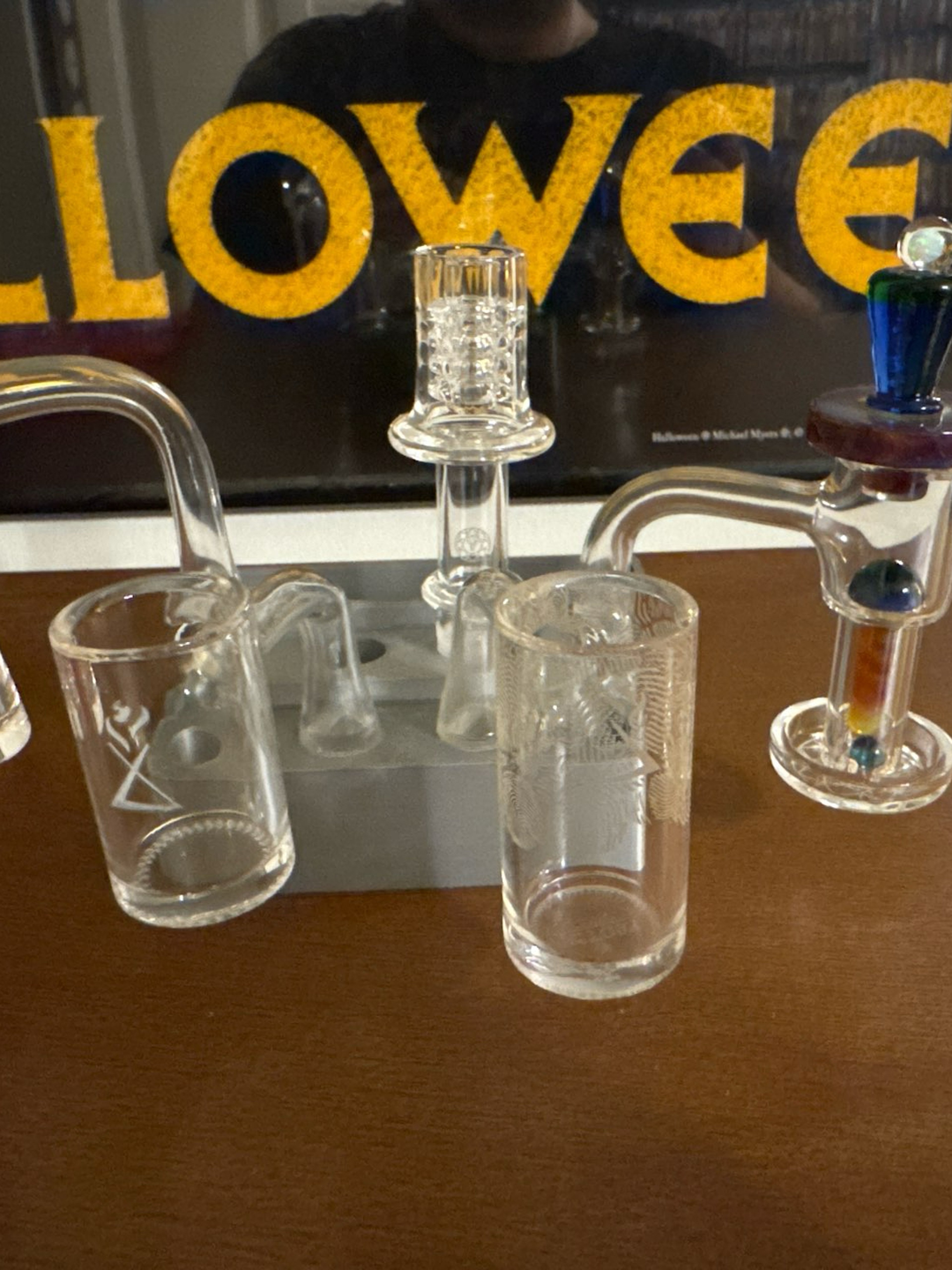 Preview pic of Set of 5 14mm Bangers - 2 Victory Glassworks Flat Top Bangers, Terporium Slurper and Stacked Knot and GRAV Autospinner with Marble and Pearls