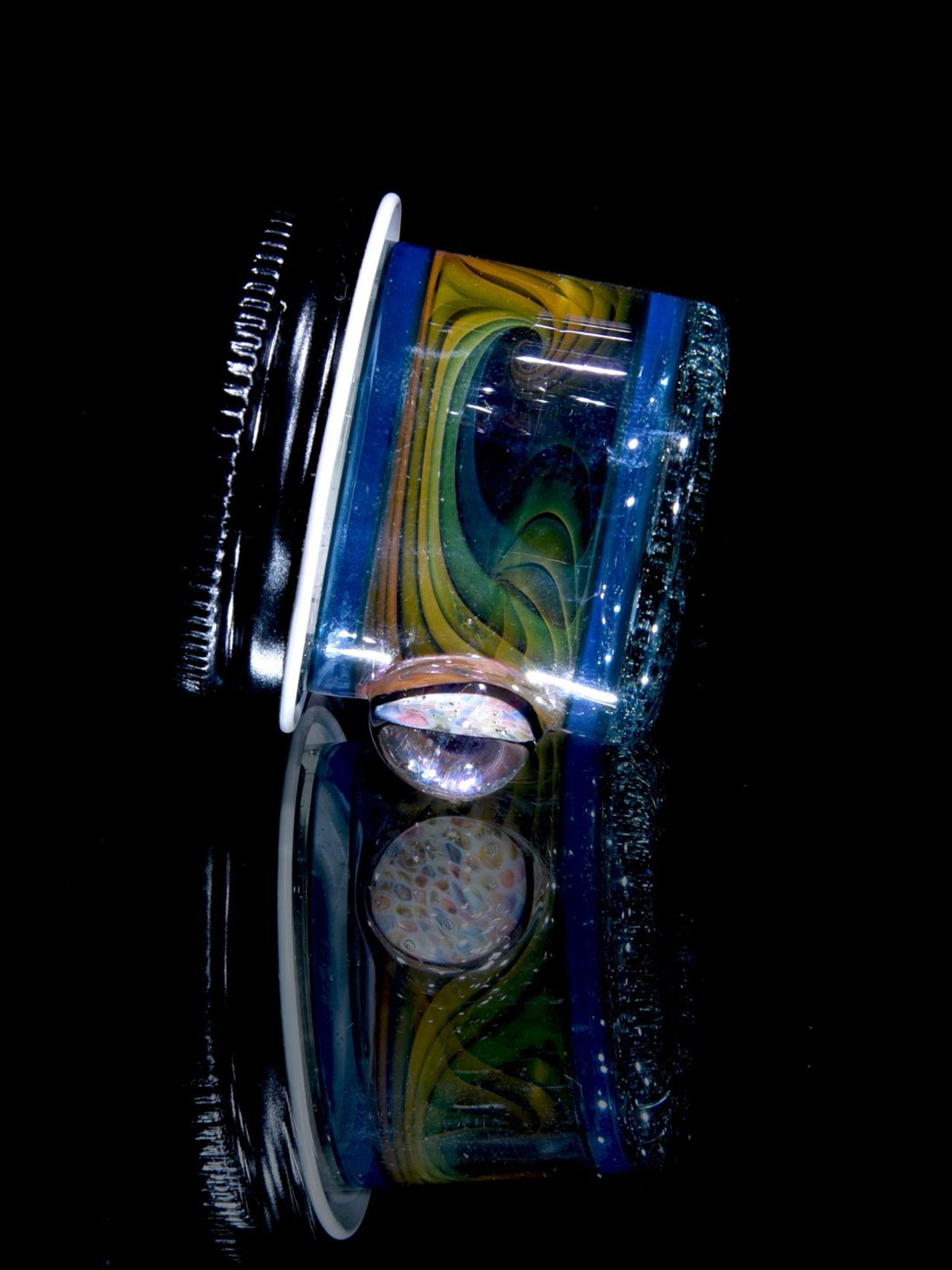 Preview pic of Josh Kaliber - Lidded Airtight Baller Jar - Aqua/Blue/Raindrop Encalmo w/ Fume Swirl & Honeycomb Millie